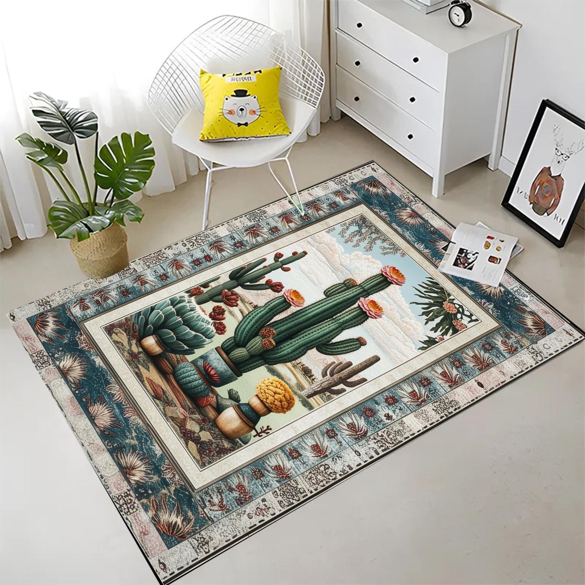 Southwestern Cactus Rug Boho Washable Plant Rug for Living Room & Entryway, Western Decor, Texas Maximalist Botanical Accent