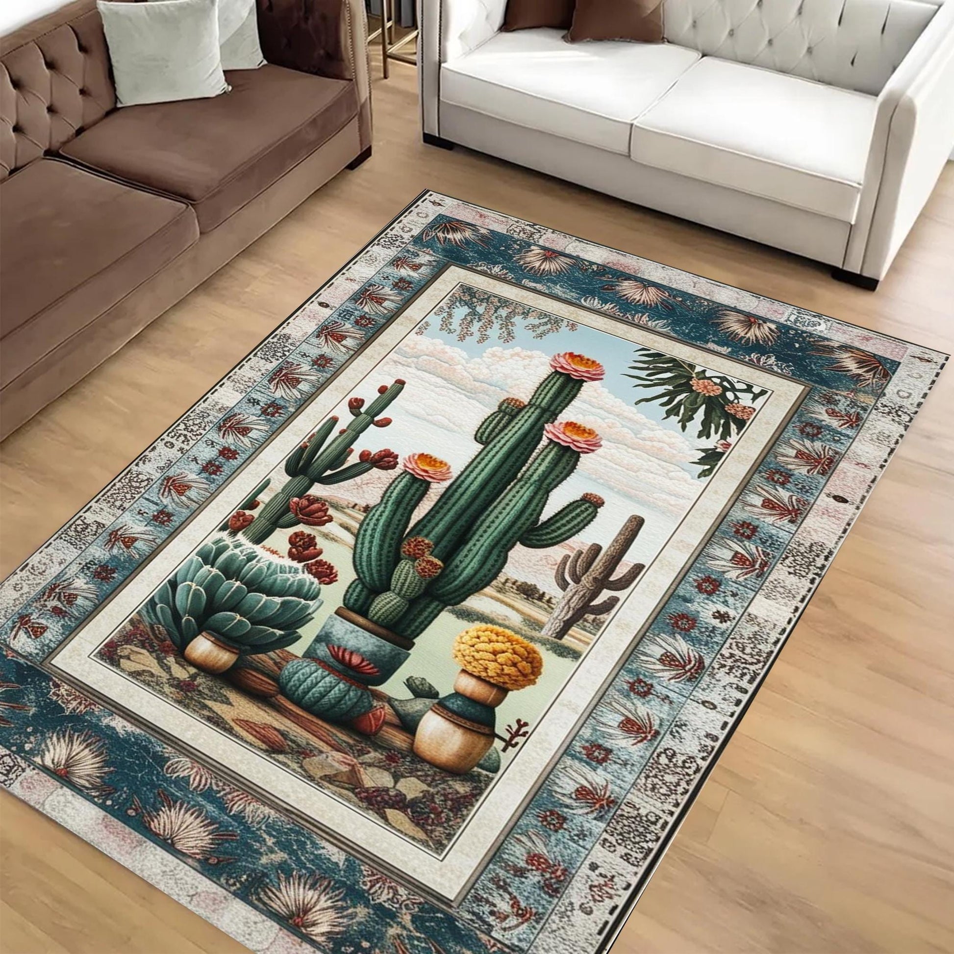 Southwestern Cactus Rug Boho Washable Plant Rug for Living Room & Entryway, Western Decor, Texas Maximalist Botanical Accent
