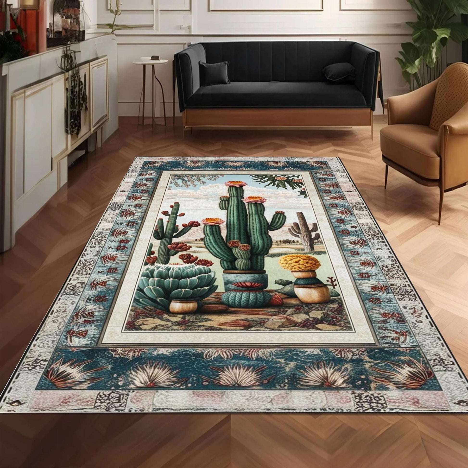 Southwestern Cactus Rug Boho Washable Plant Rug for Living Room & Entryway, Western Decor, Texas Maximalist Botanical Accent