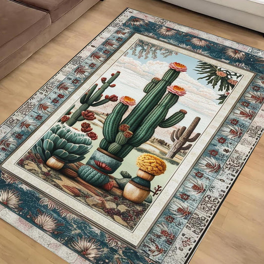 Southwestern Cactus Rug Boho Washable Plant Rug for Living Room & Entryway, Western Decor, Texas Maximalist Botanical Accent