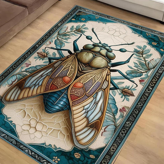 Cicada Rug for Weirdcore & Cottagecore Decor, Whimsical Colorful Designer Bug Rug, Maximalist Nature-Inspired Home Accent