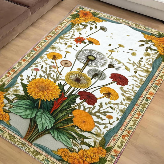 Rustic Dandelion Rug - Teal Flower Area Rug, Cozy Nature Inspired Decor, Traditional Warm Living Room Accent, Rustic Chic Home Decor