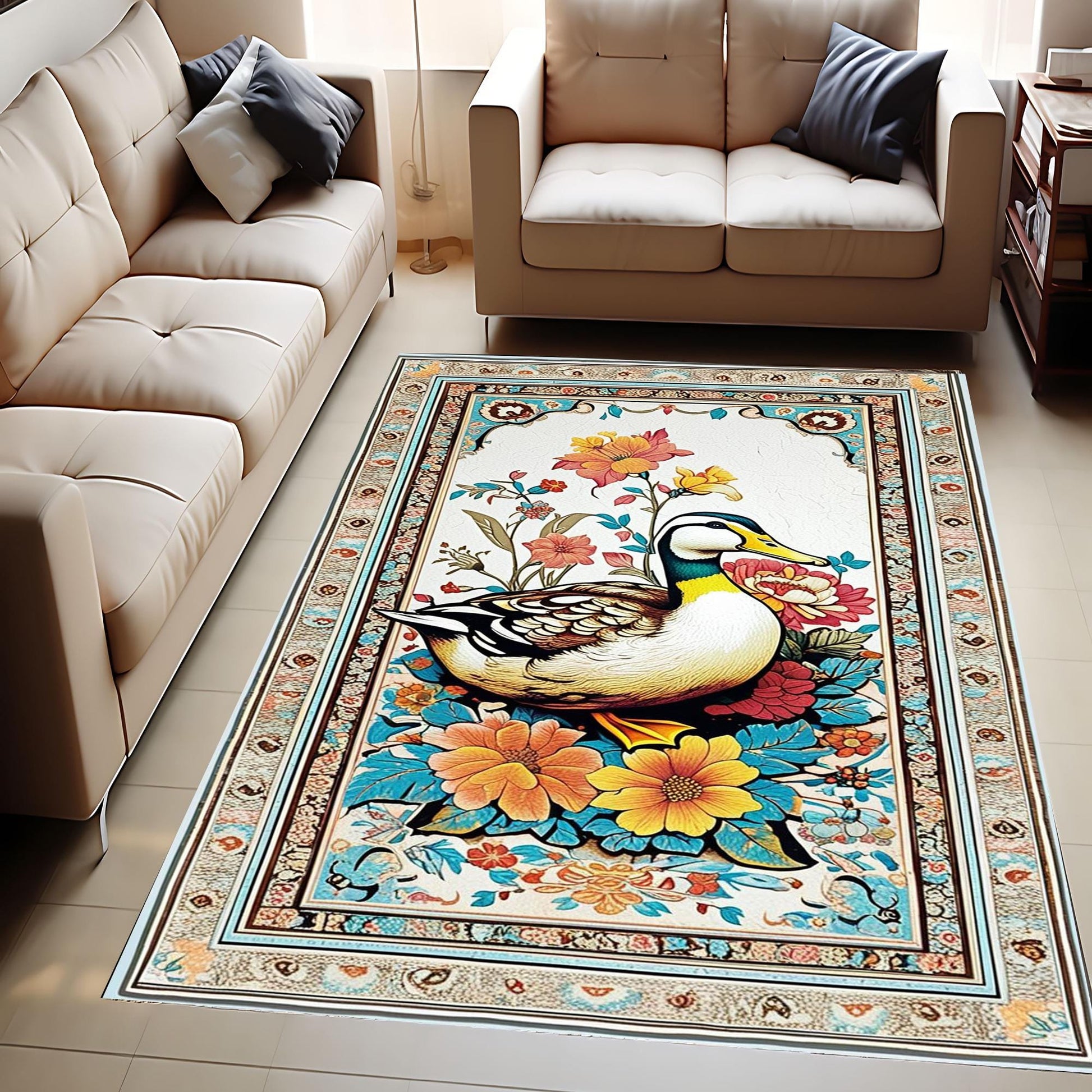 Vintage Duck Rug with Ornate Floral Frame, Rustic Farmhouse Animal Carpet for Cabin, Hunting Lodge & Nature Decor Floor Accent