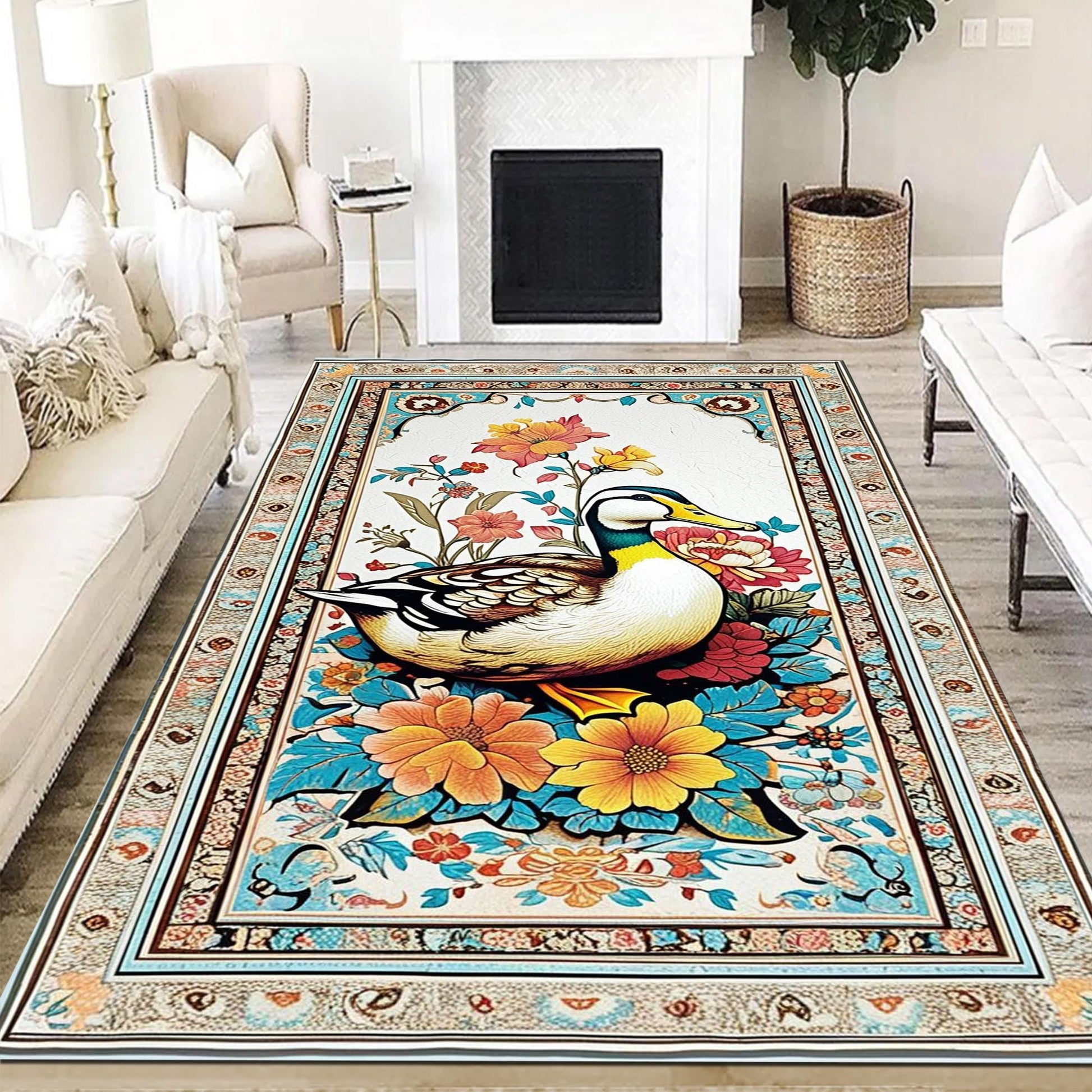 Vintage Duck Rug with Ornate Floral Frame, Rustic Farmhouse Animal Carpet for Cabin, Hunting Lodge & Nature Decor Floor Accent