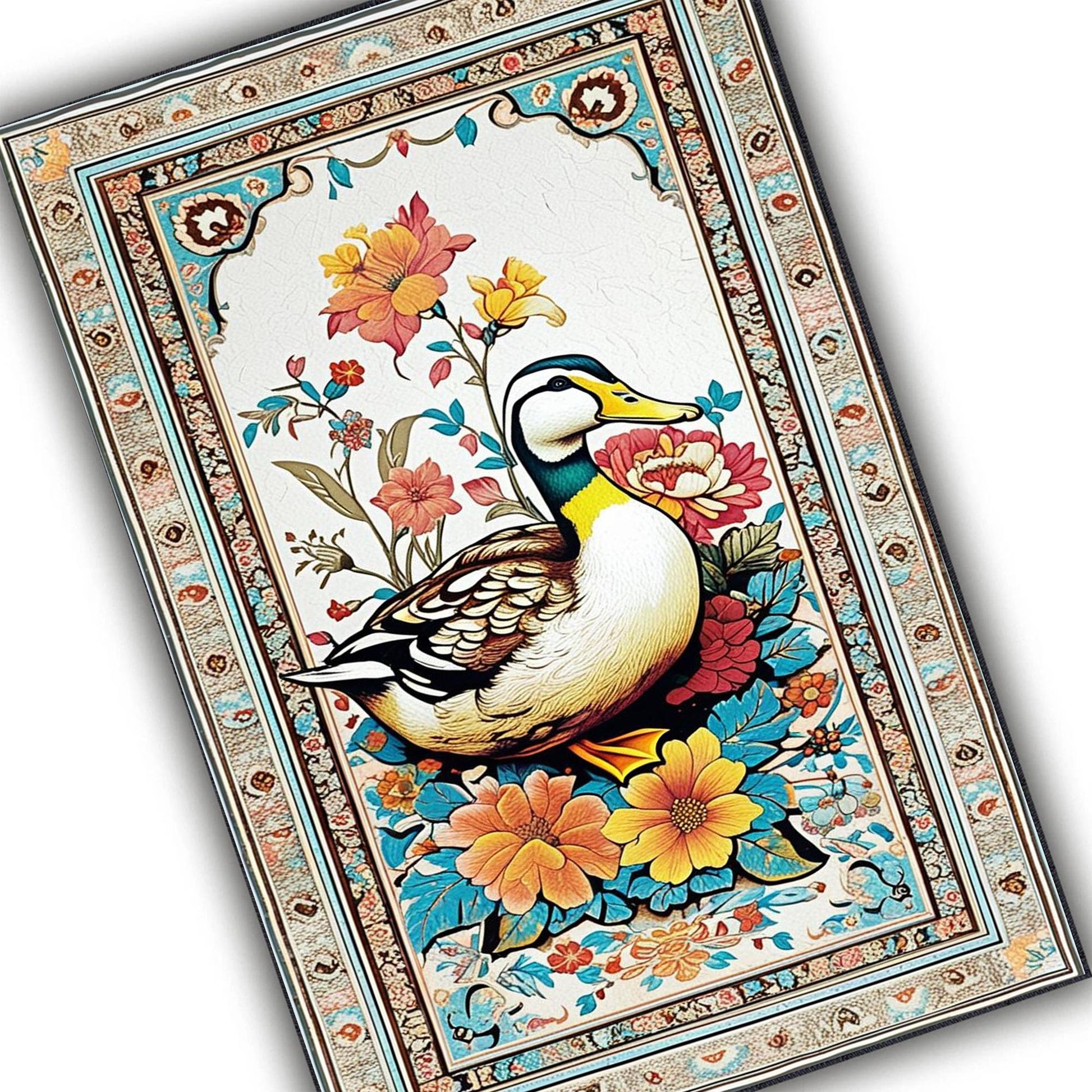 Vintage Duck Rug with Ornate Floral Frame, Rustic Farmhouse Animal Carpet for Cabin, Hunting Lodge & Nature Decor Floor Accent