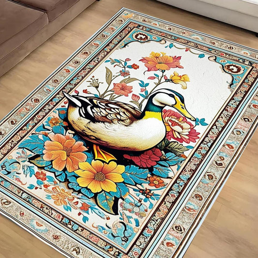 Vintage Duck Rug with Ornate Floral Frame, Rustic Farmhouse Animal Carpet for Cabin, Hunting Lodge & Nature Decor Floor Accent