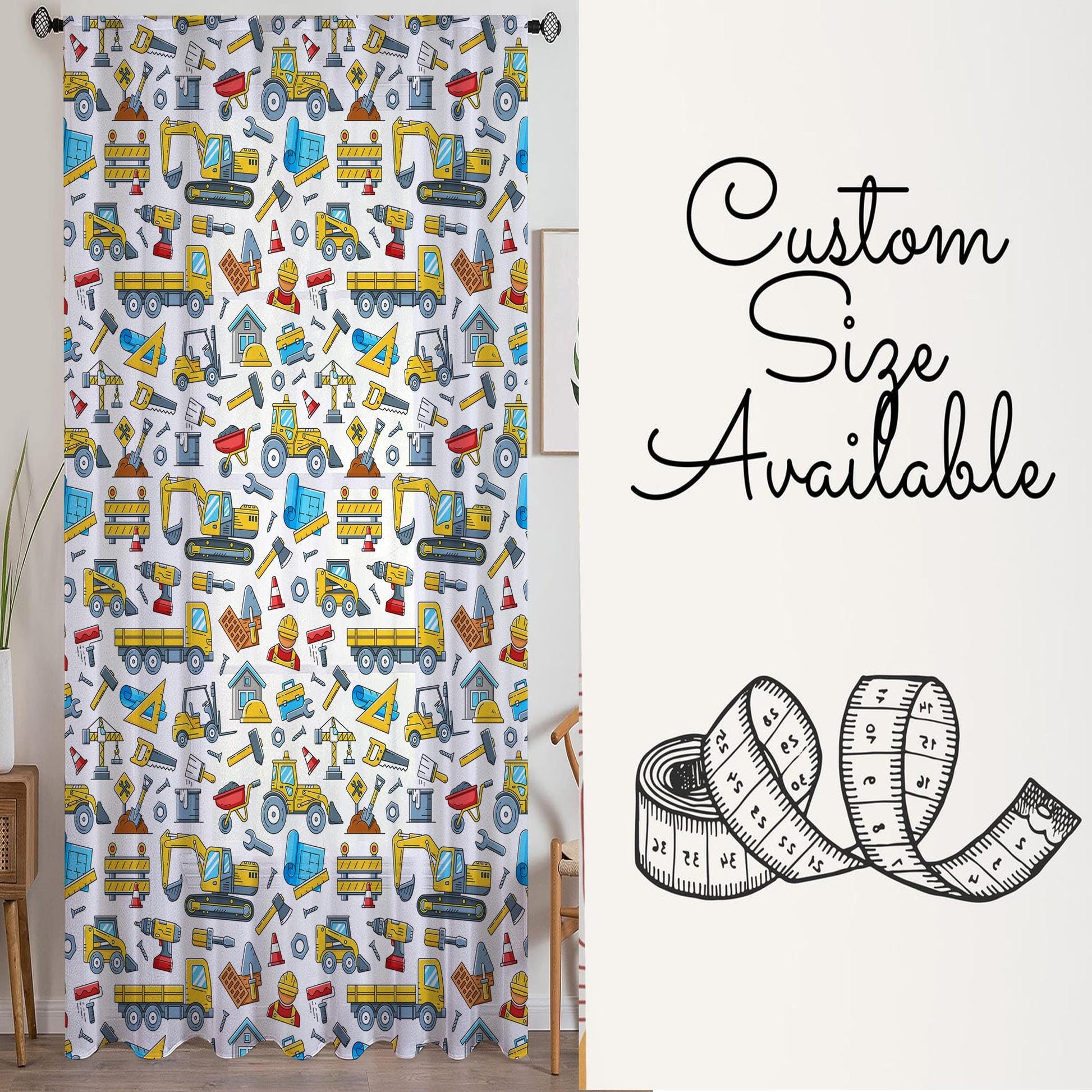 Construction Machines Sheer Curtain for Kids Room, Lightweight Work Vehicles Truck Bulldozer Nursery Net Voile, Baby Room Window Drapes,