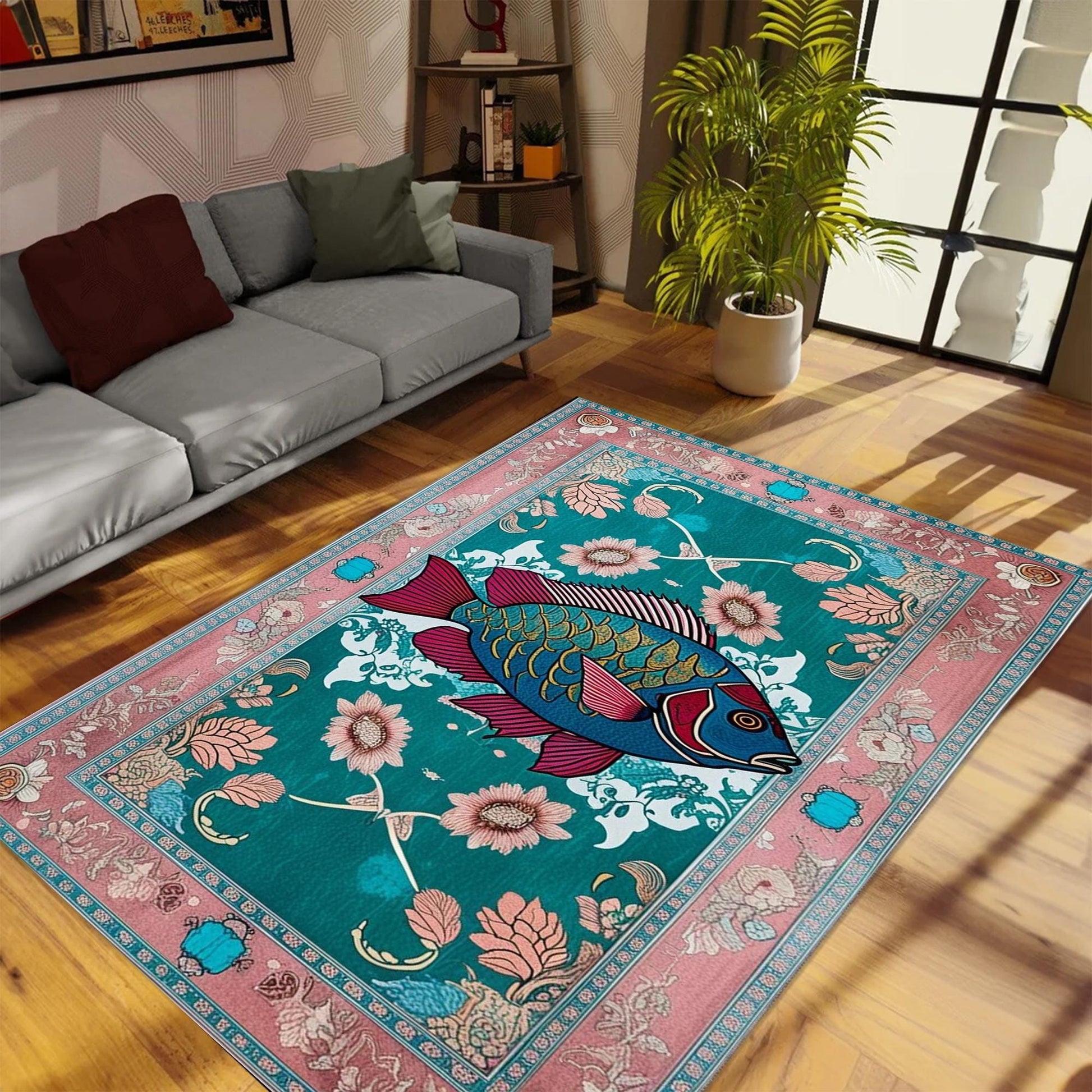 Dark Academia Fish Area Rug | Vintage Coastal Nautical Beach Cottagecore Marine Decor Rustic Kitchen Accent Carpet, Chenille Washable Rug