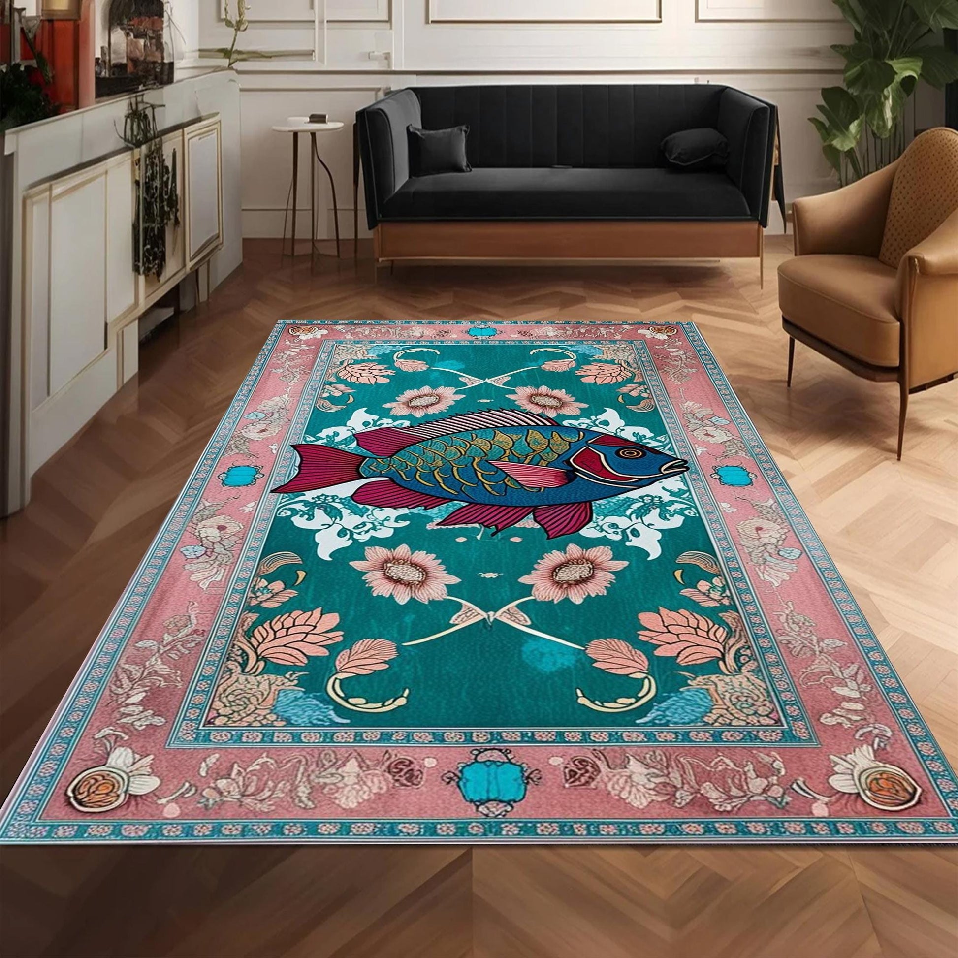Dark Academia Fish Area Rug | Vintage Coastal Nautical Beach Cottagecore Marine Decor Rustic Kitchen Accent Carpet, Chenille Washable Rug