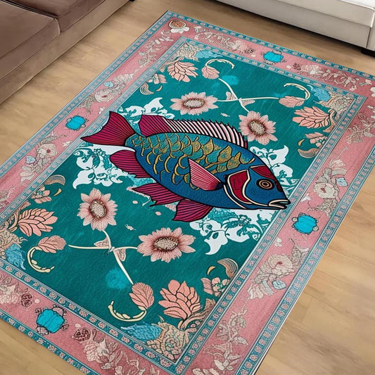 Dark Academia Fish Area Rug | Vintage Coastal Nautical Beach Cottagecore Marine Decor Rustic Kitchen Accent Carpet, Chenille Washable Rug