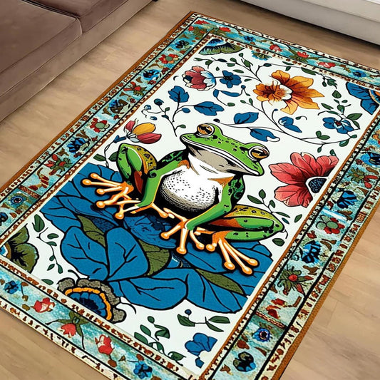 Cottagecore Frog Rug for Kids Room, Whimsical Toad & Jungle Frog Floral Bedroom Rug, Cute Aesthetic Farmhouse Decor, Chenille Washable Rug