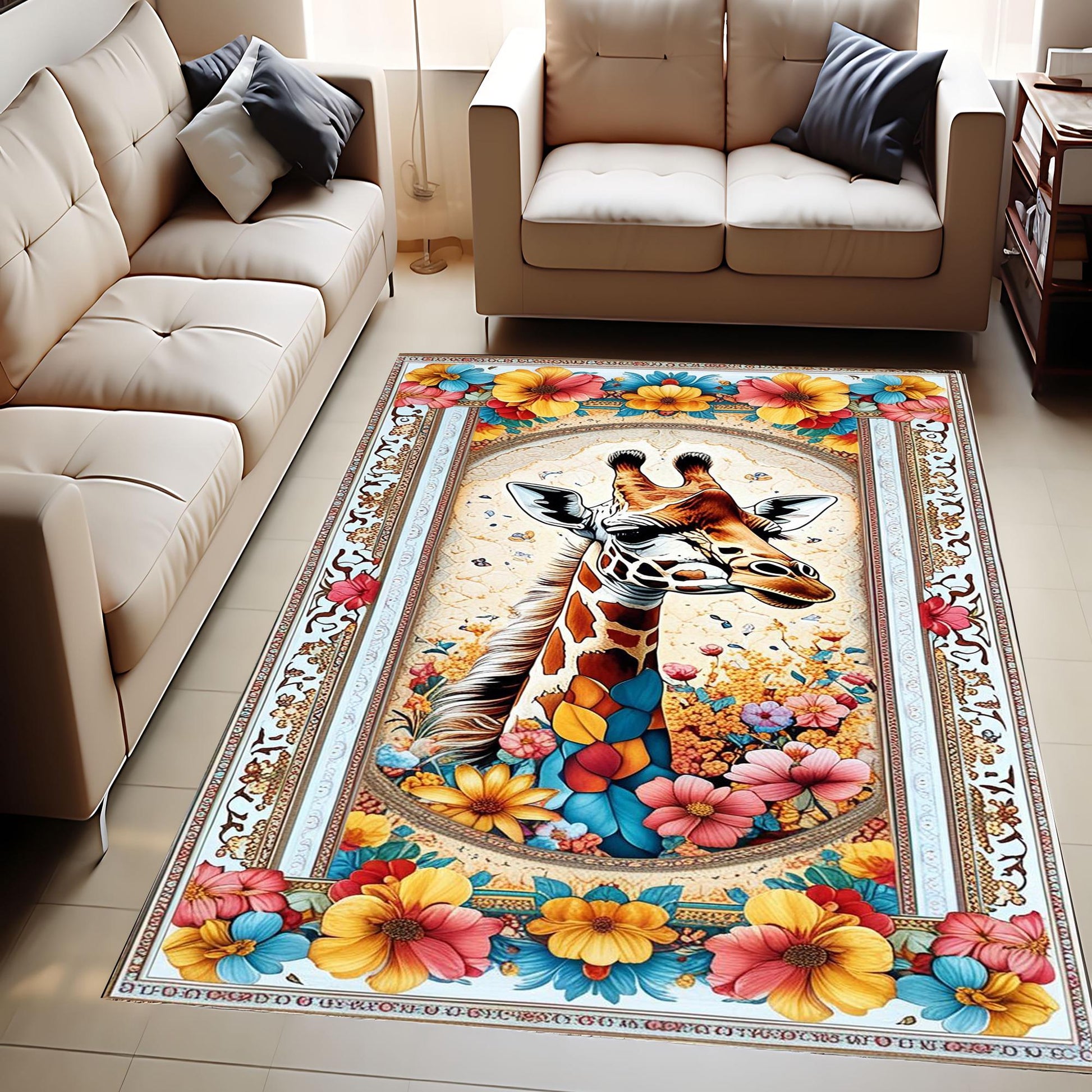 Giraffe Rug for Kids Room, Colorful Jungle Animal Decor, Chenille Washable Non-Slip Floor & Kitchen Rug, Tropical Safari Style Carpet