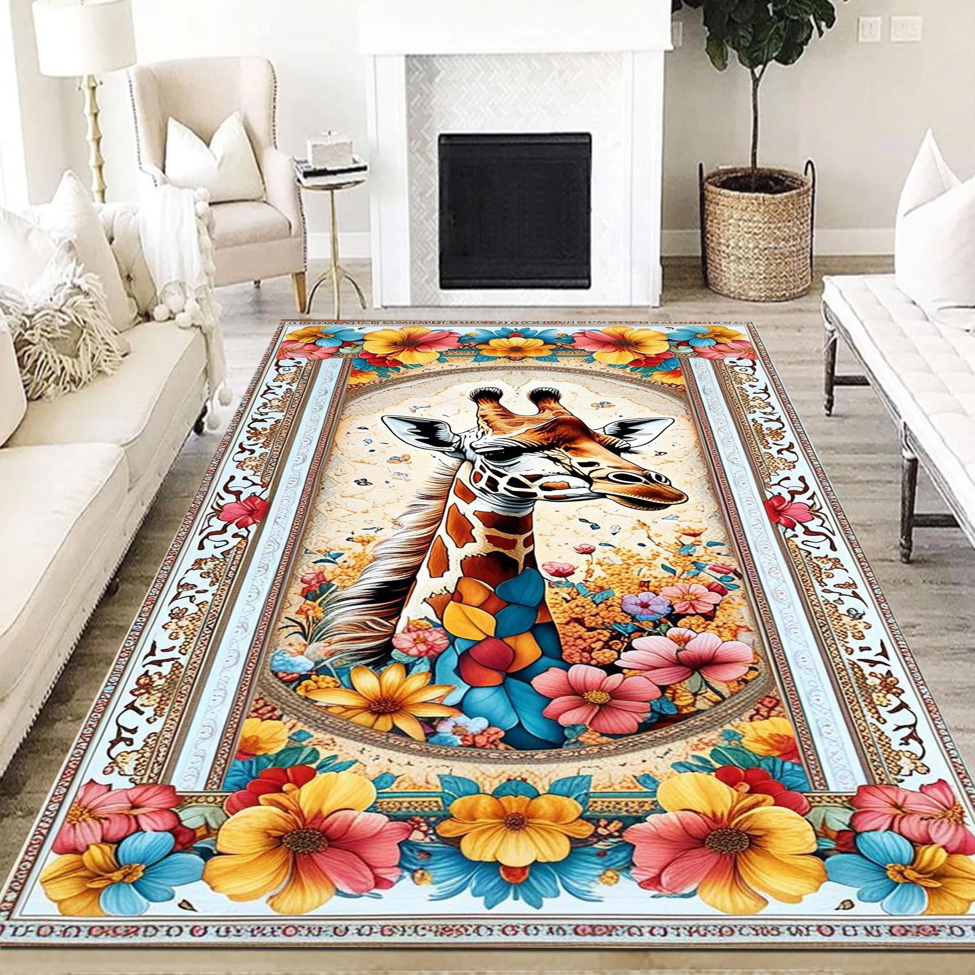 Giraffe Rug for Kids Room, Colorful Jungle Animal Decor, Chenille Washable Non-Slip Floor & Kitchen Rug, Tropical Safari Style Carpet