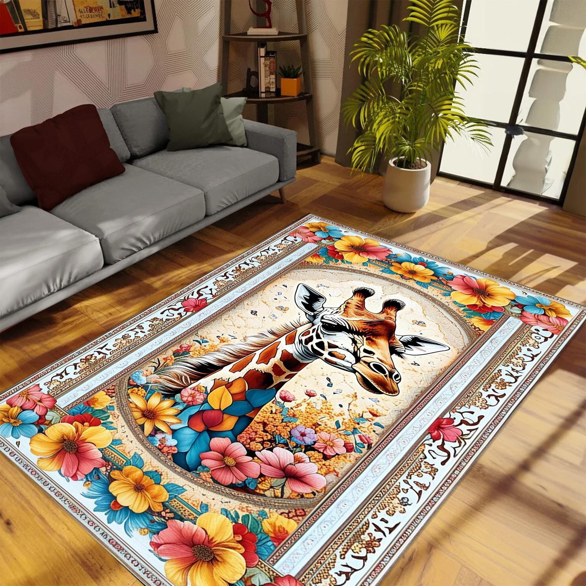 Giraffe Rug for Kids Room, Colorful Jungle Animal Decor, Chenille Washable Non-Slip Floor & Kitchen Rug, Tropical Safari Style Carpet