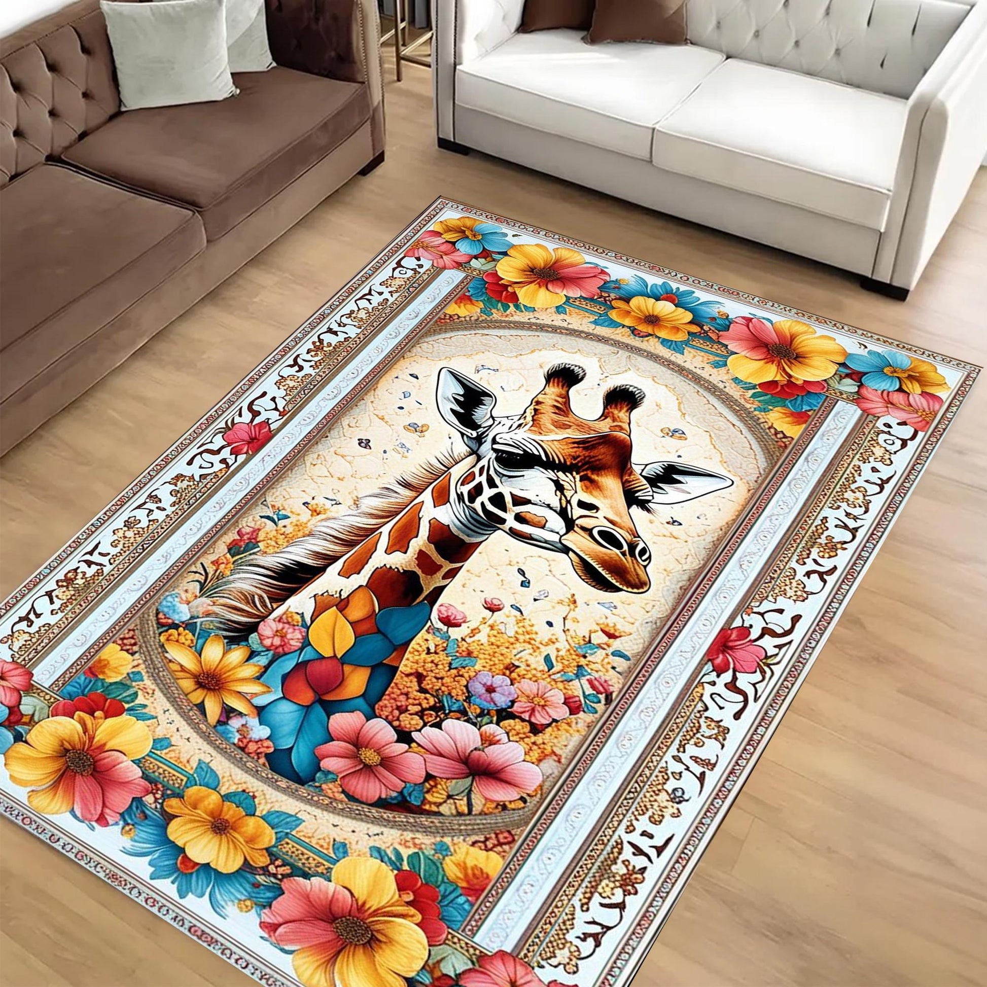 Giraffe Rug for Kids Room, Colorful Jungle Animal Decor, Chenille Washable Non-Slip Floor & Kitchen Rug, Tropical Safari Style Carpet