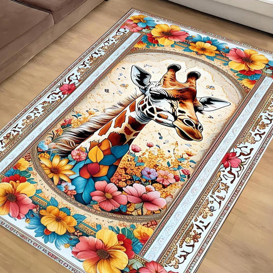 Giraffe Rug for Kids Room, Colorful Jungle Animal Decor, Chenille Washable Non-Slip Floor & Kitchen Rug, Tropical Safari Style Carpet