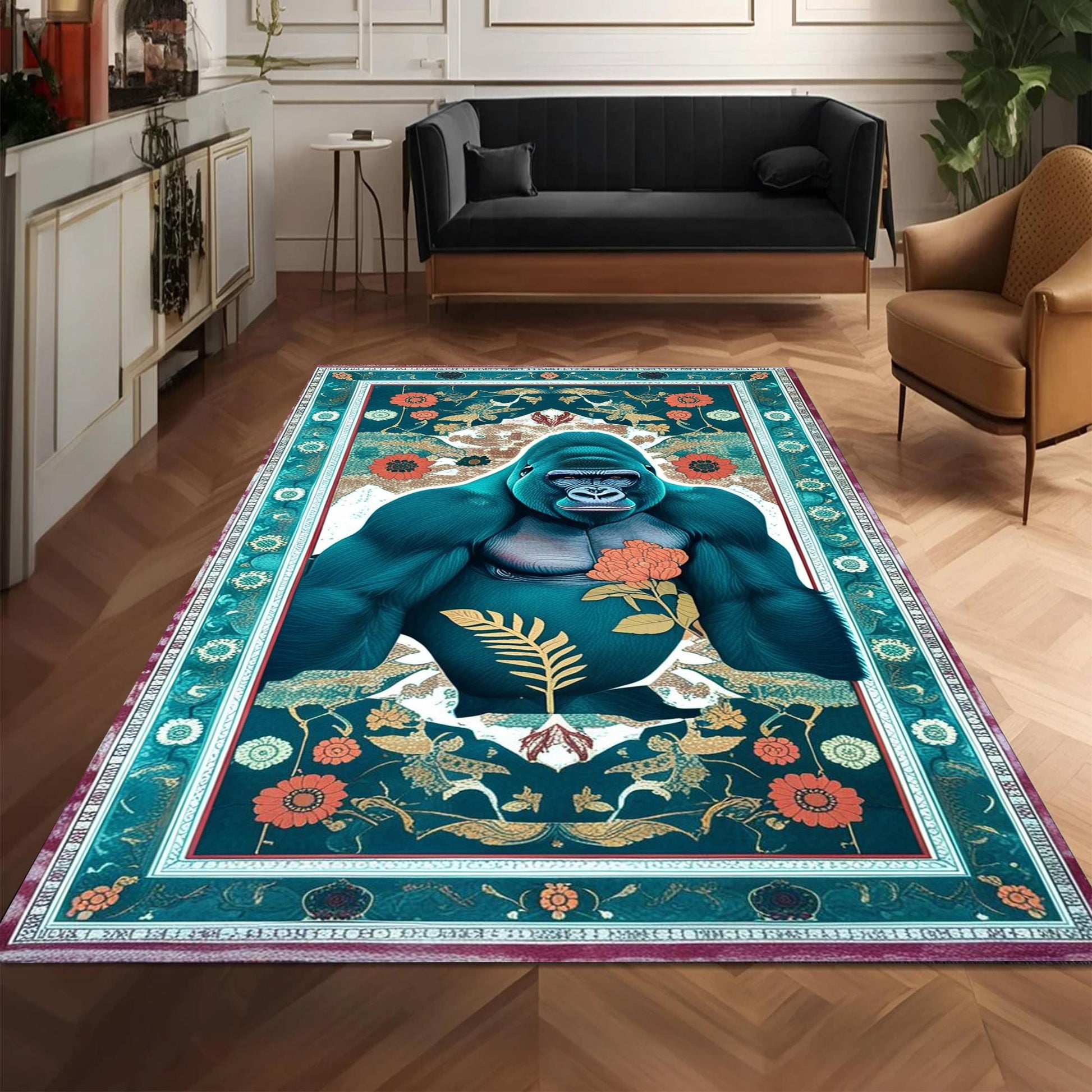 Gorilla Rug for Kids Room - Jungle Animal Decor, Washable Non-Slip Floor Mat, Tropical Green Floral Rug for Playroom, Chenille Washable Rug