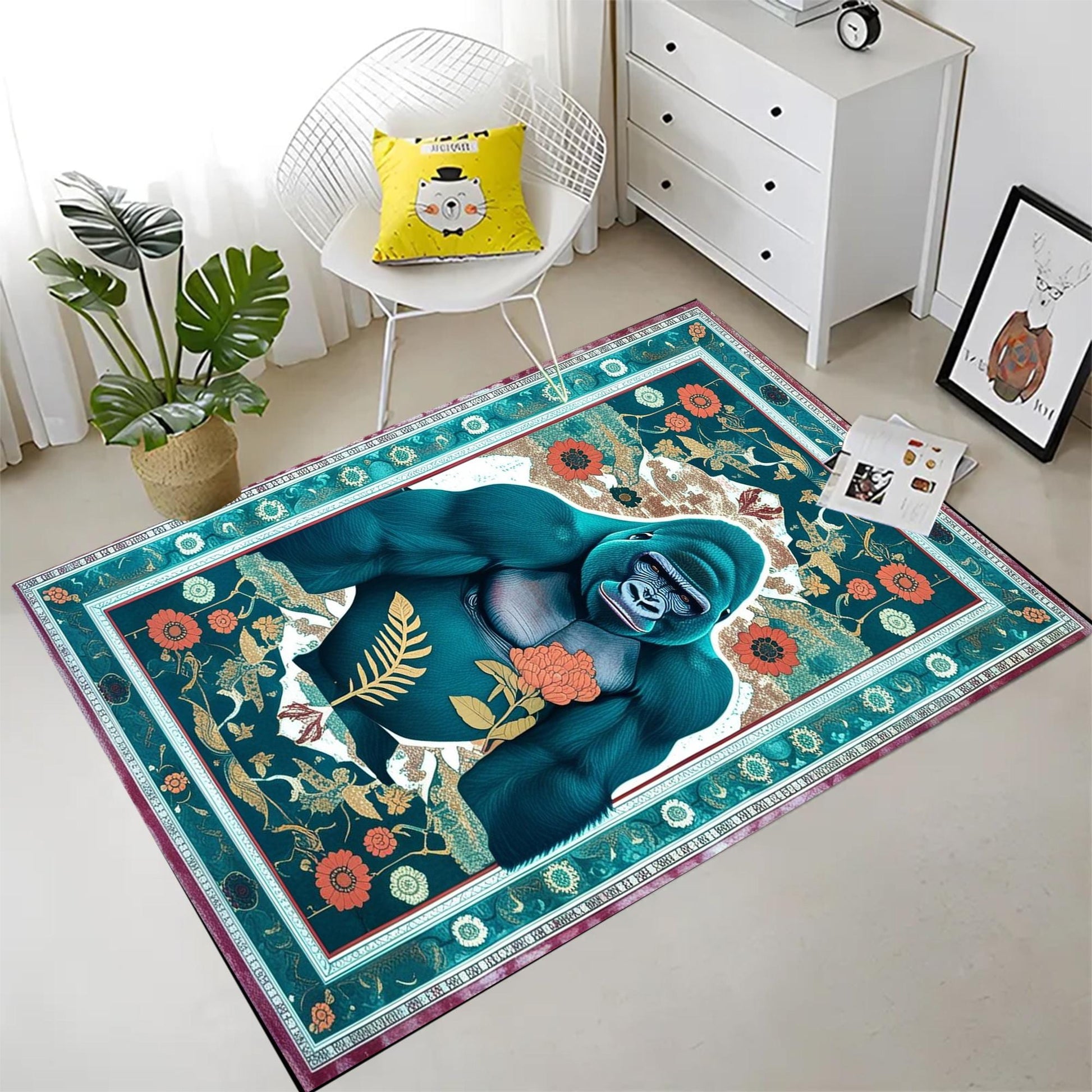 Gorilla Rug for Kids Room - Jungle Animal Decor, Washable Non-Slip Floor Mat, Tropical Green Floral Rug for Playroom, Chenille Washable Rug