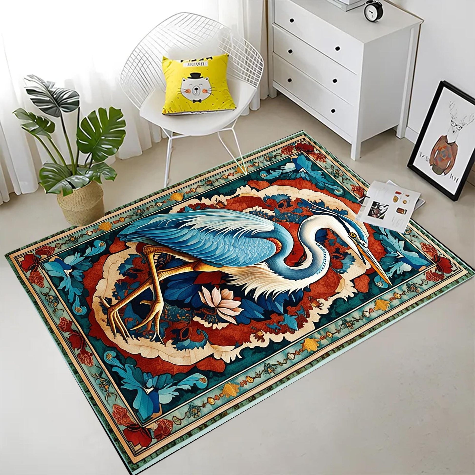 Pelican Area Rug, Vintage Coastal Nautical Beach Cottagecore Marine Decor, Rustic Kitchen Accent Carpet, Chenille Washable Rug