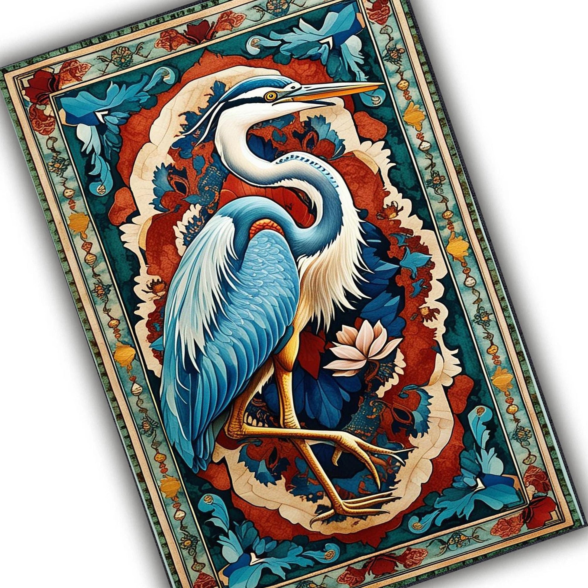 Pelican Area Rug, Vintage Coastal Nautical Beach Cottagecore Marine Decor, Rustic Kitchen Accent Carpet, Chenille Washable Rug