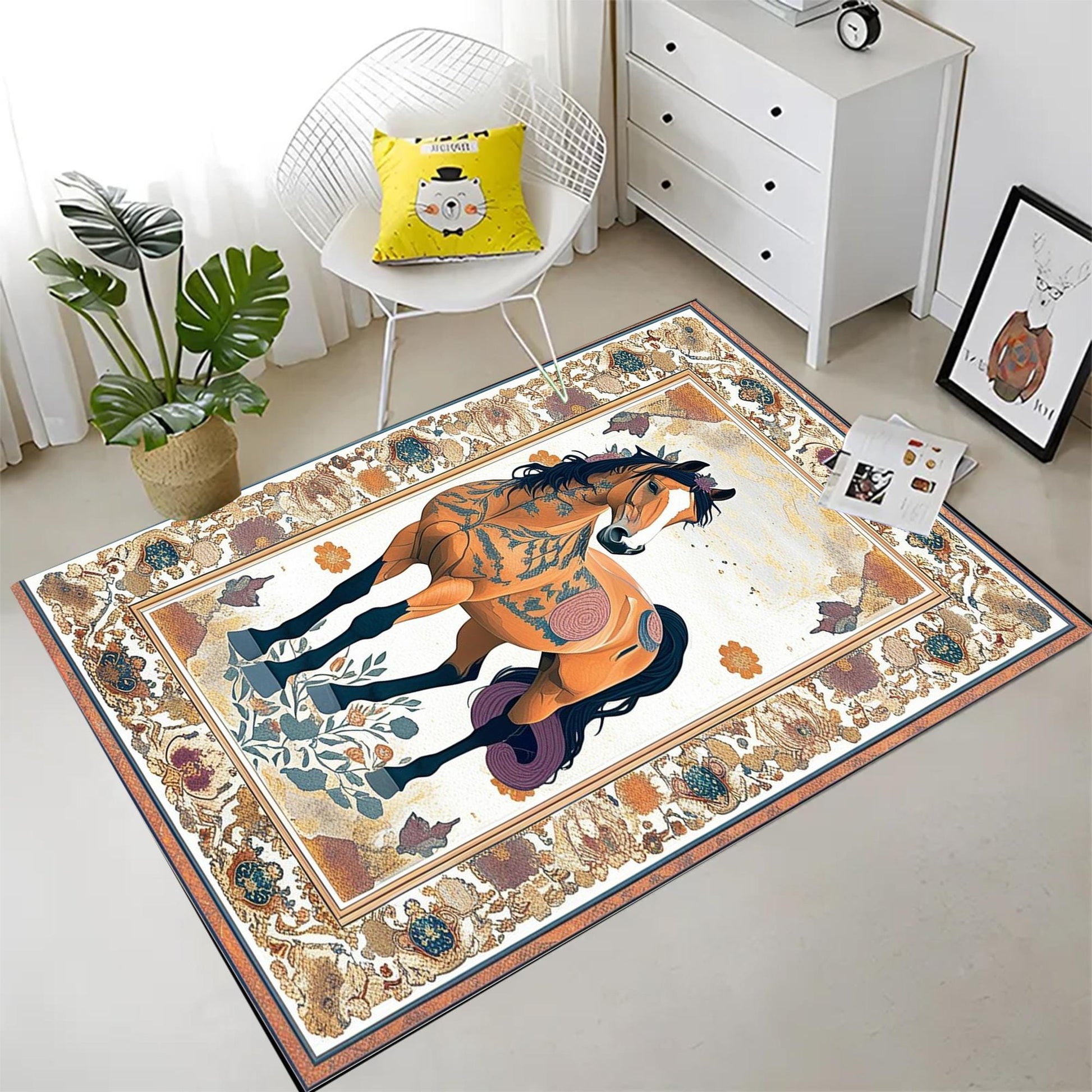 Horse Rug for Living Room, Traditional Oriental Wild Horse Area Rug, Farmhouse Style Horse Rug, Animal Print Carpet, Chenille Washable Rug