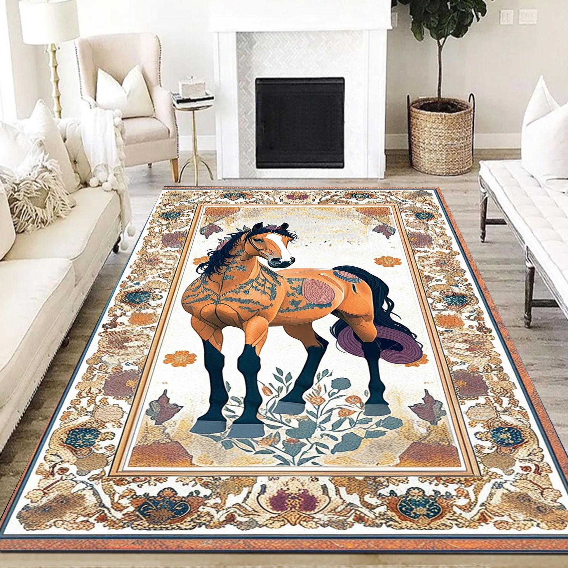 Horse Rug for Living Room, Traditional Oriental Wild Horse Area Rug, Farmhouse Style Horse Rug, Animal Print Carpet, Chenille Washable Rug
