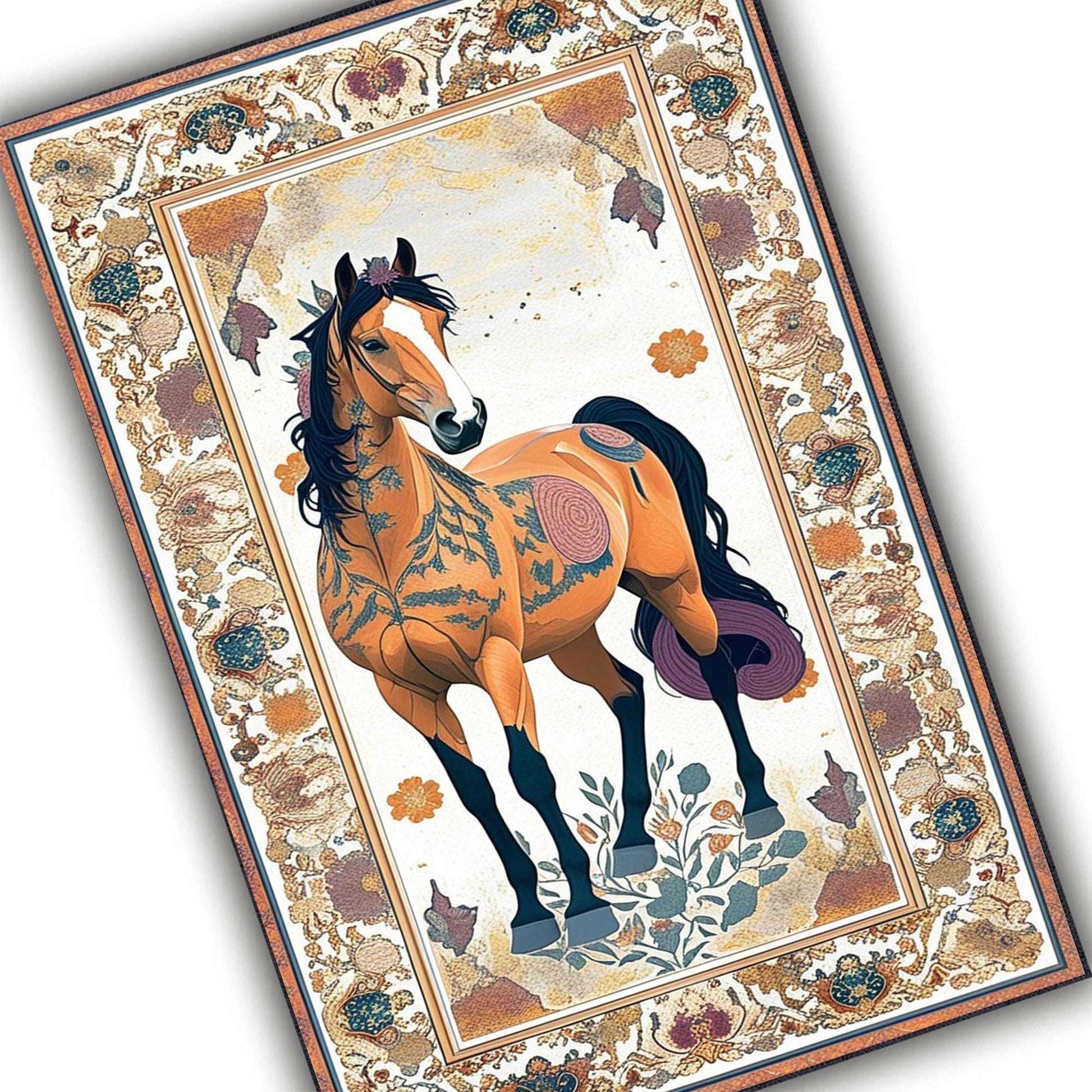 Horse Rug for Living Room, Traditional Oriental Wild Horse Area Rug, Farmhouse Style Horse Rug, Animal Print Carpet, Chenille Washable Rug