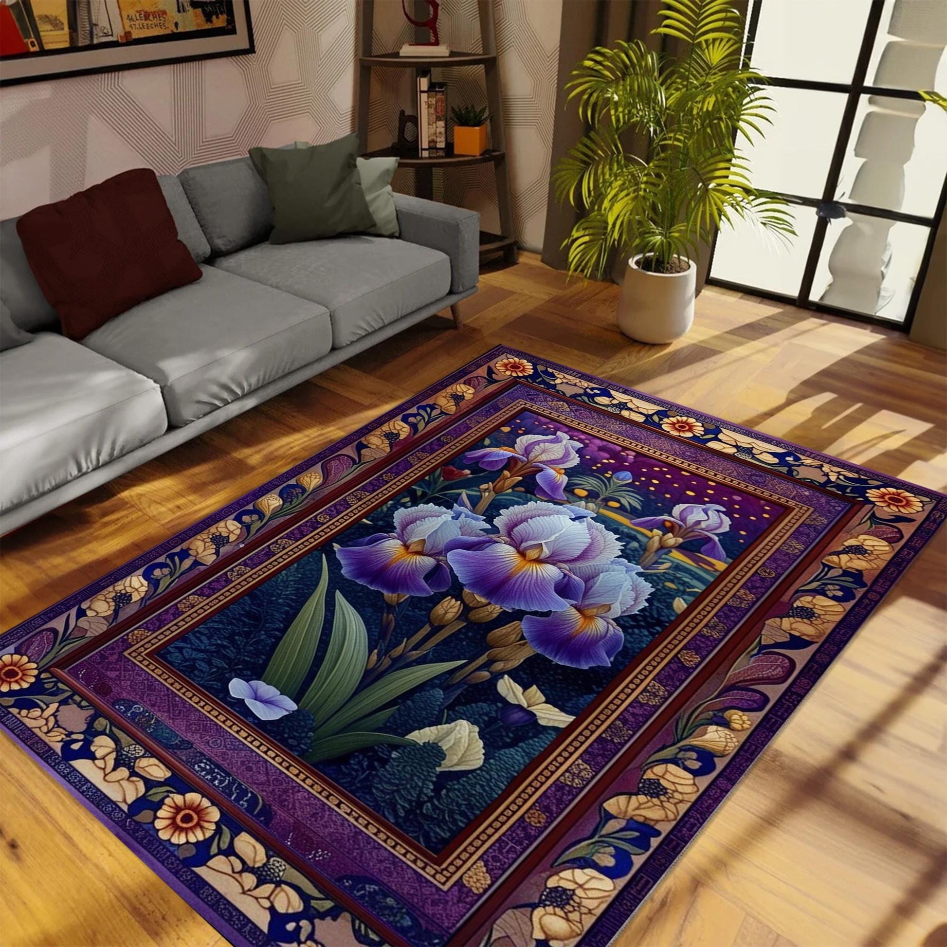 Purple Iris Rug for Maximalist Decor, Nature Lovers, Floral Botanical Area Rug, Summer Flowers, Dark Purple Foliage, Chenille Washable Rug
