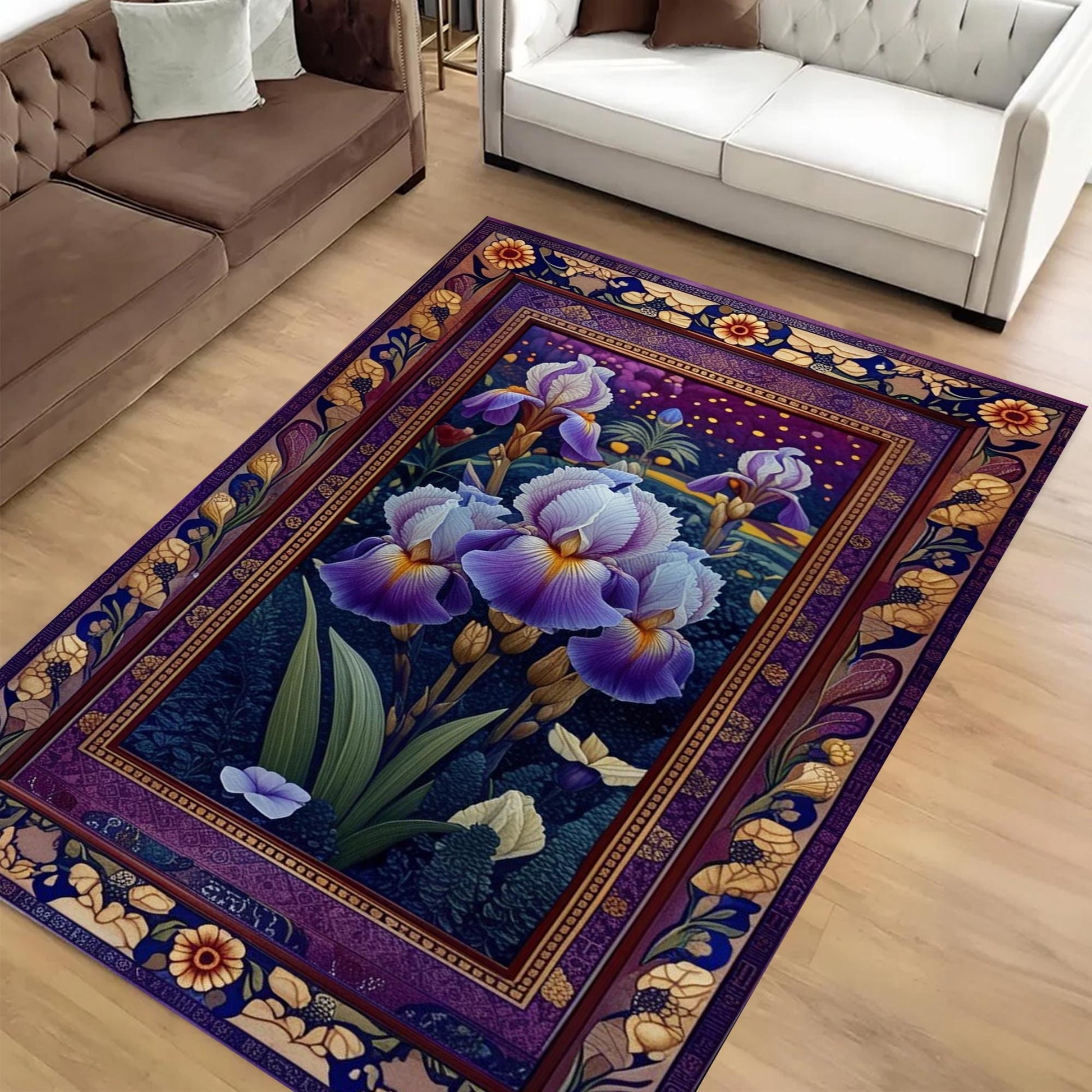 Purple Iris Rug for Maximalist Decor, Nature Lovers, Floral Botanical Area Rug, Summer Flowers, Dark Purple Foliage, Chenille Washable Rug