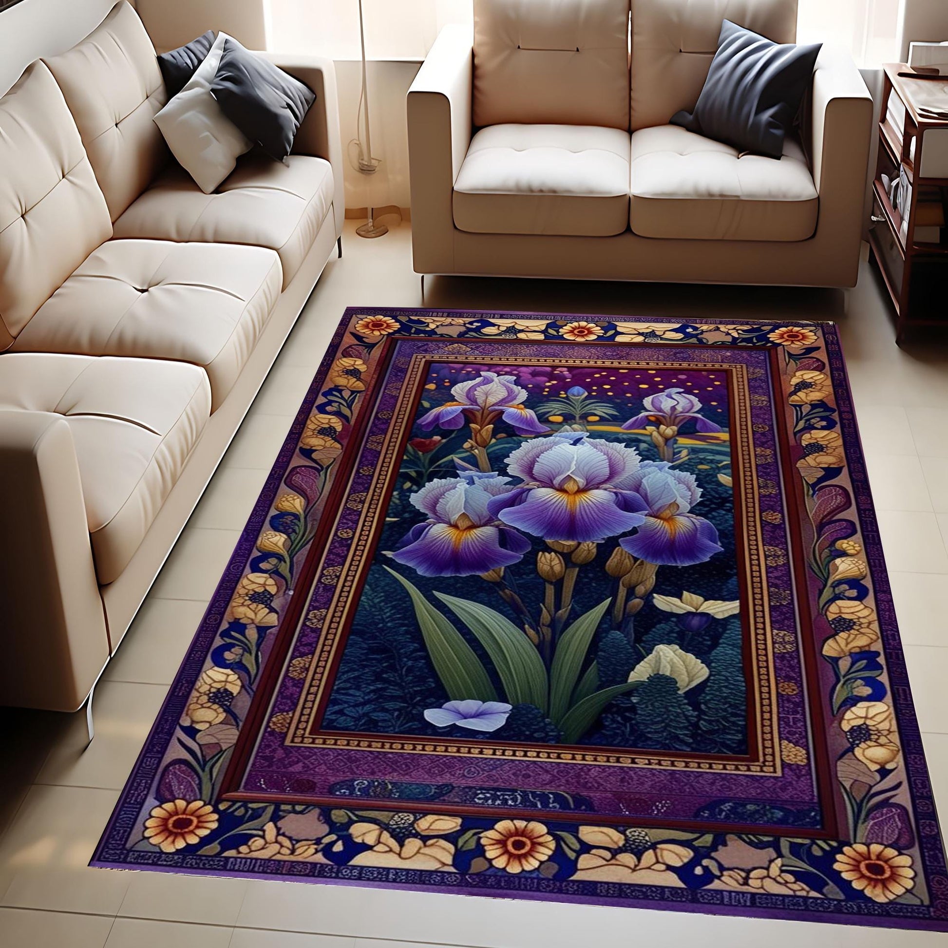Purple Iris Rug for Maximalist Decor, Nature Lovers, Floral Botanical Area Rug, Summer Flowers, Dark Purple Foliage, Chenille Washable Rug