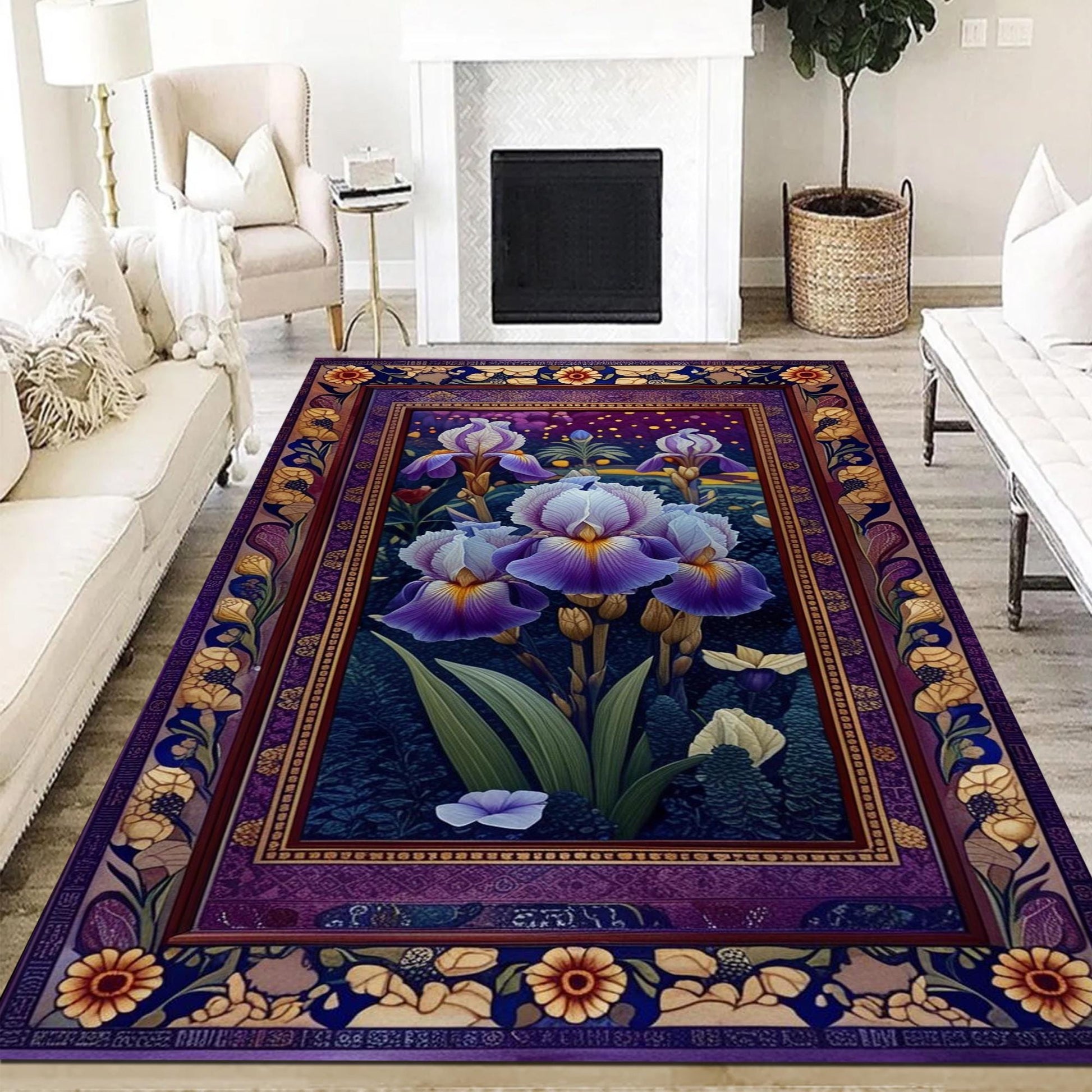Purple Iris Rug for Maximalist Decor, Nature Lovers, Floral Botanical Area Rug, Summer Flowers, Dark Purple Foliage, Chenille Washable Rug