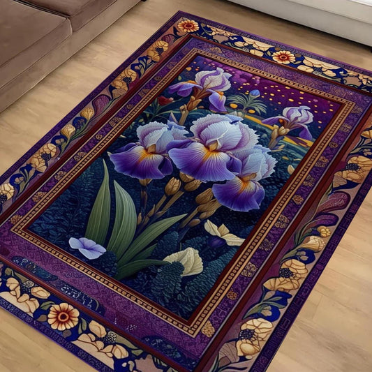 Purple Iris Rug for Maximalist Decor, Nature Lovers, Floral Botanical Area Rug, Summer Flowers, Dark Purple Foliage, Chenille Washable Rug