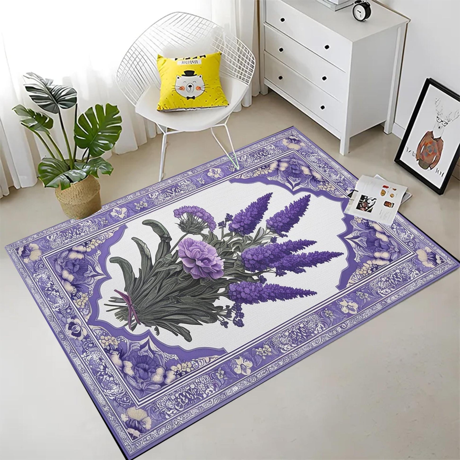 Vintage Lavender Rug, Floral Bedroom Carpet, Purple Lilac Flower Rug, Botanic Area Rug Flower Rug Kitchen Living Room, Chenille Washable Rug