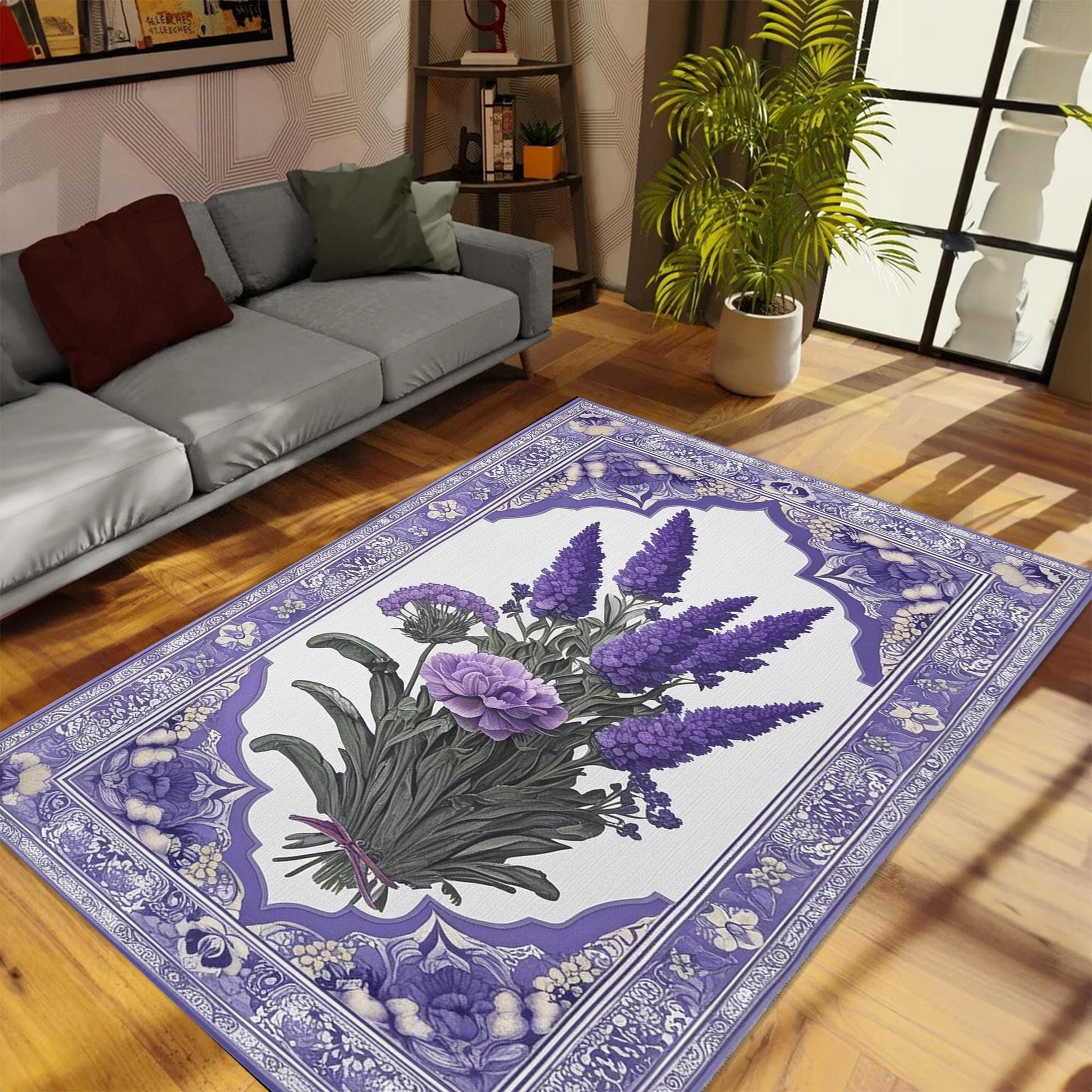 Vintage Lavender Rug, Floral Bedroom Carpet, Purple Lilac Flower Rug, Botanic Area Rug Flower Rug Kitchen Living Room, Chenille Washable Rug