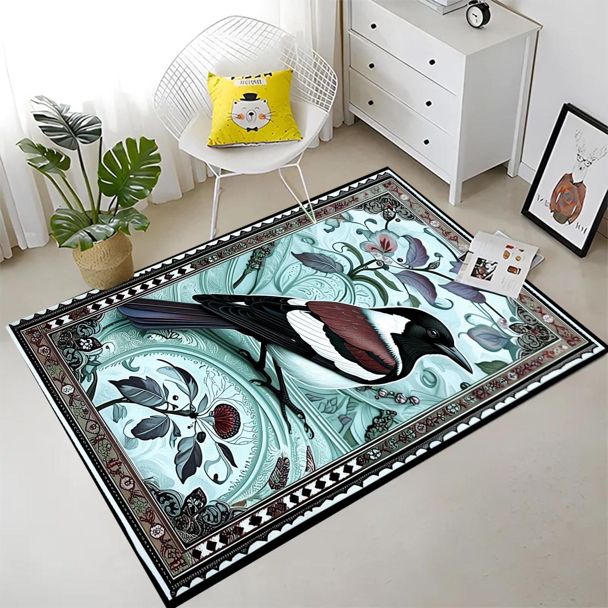 Magpie Rug with Rose Floral Design, Washable Cottagecore Decorative Carpet, Unique Nature & Bird Accent, Chenille Washable Rug