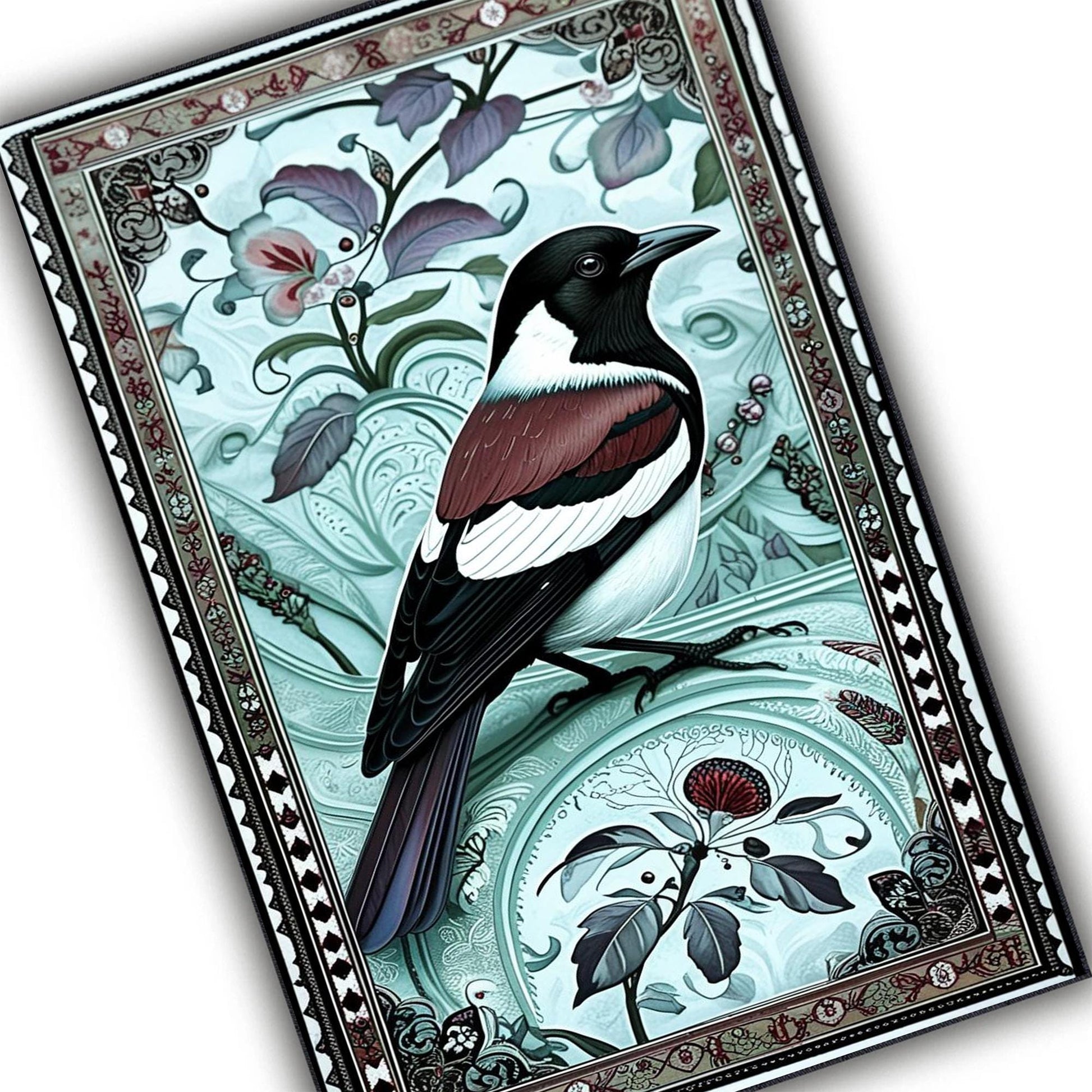 Magpie Rug with Rose Floral Design, Washable Cottagecore Decorative Carpet, Unique Nature & Bird Accent, Chenille Washable Rug