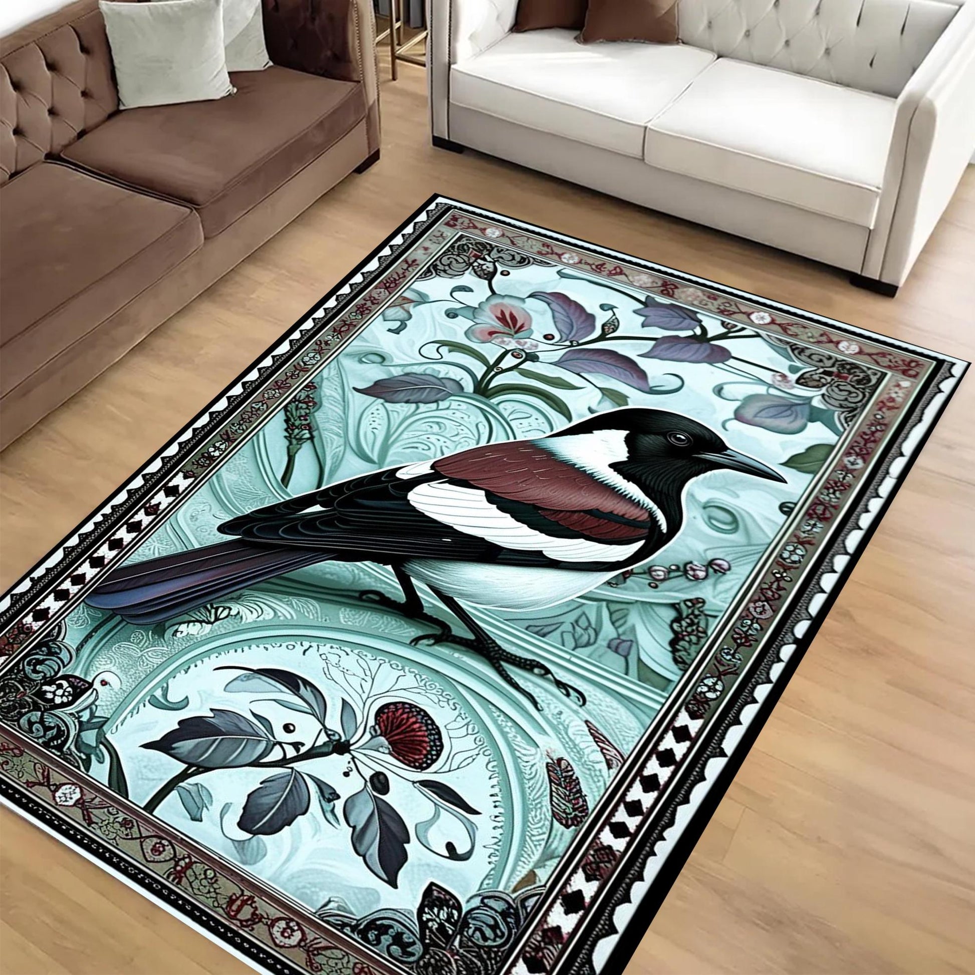 Magpie Rug with Rose Floral Design, Washable Cottagecore Decorative Carpet, Unique Nature & Bird Accent, Chenille Washable Rug