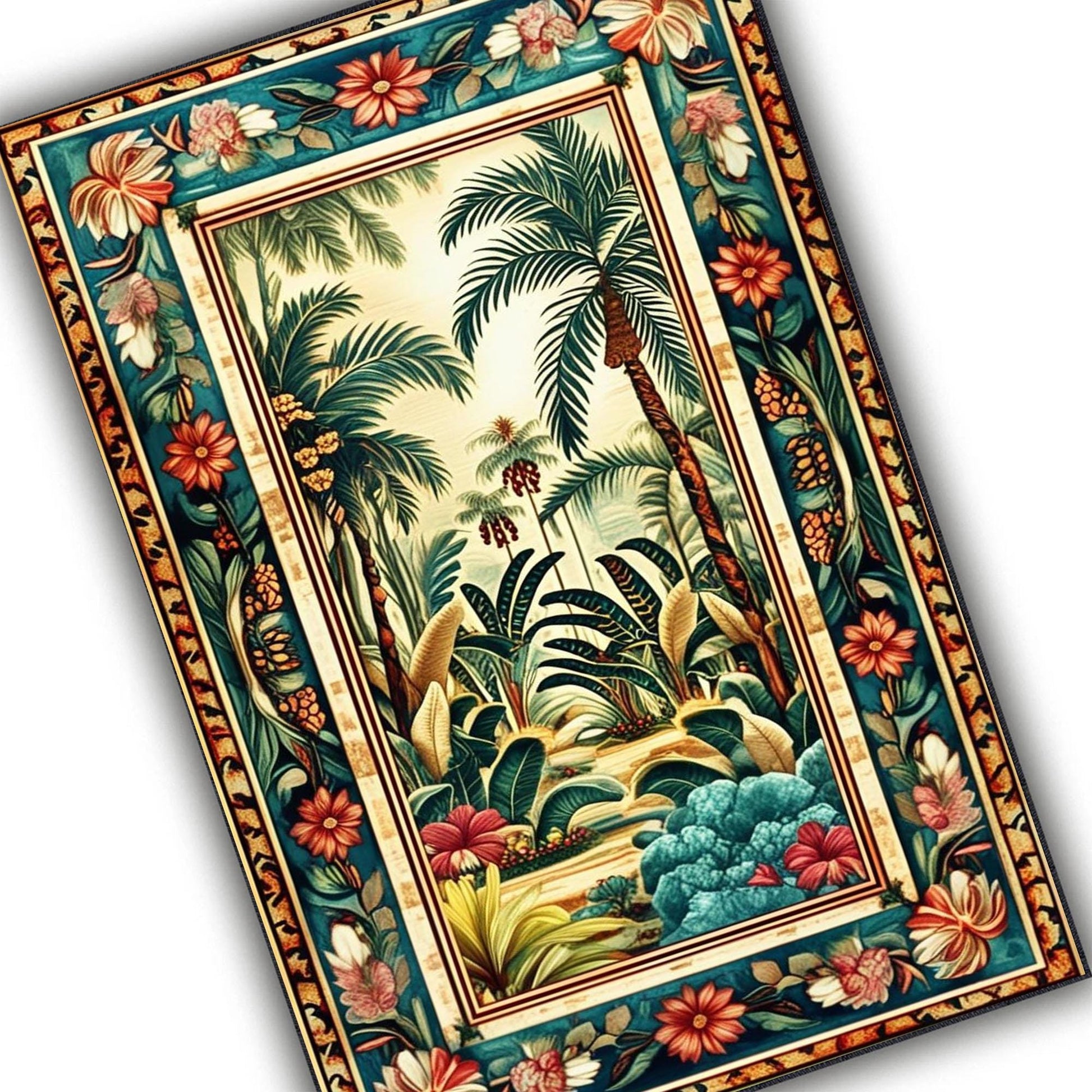 Tropical Area Rug, Forest Palm Trees Jungle Boho Floral Non Slip Carpet, Botanical Floor Decor Living Room Kitchen, Chenille Washable Rug