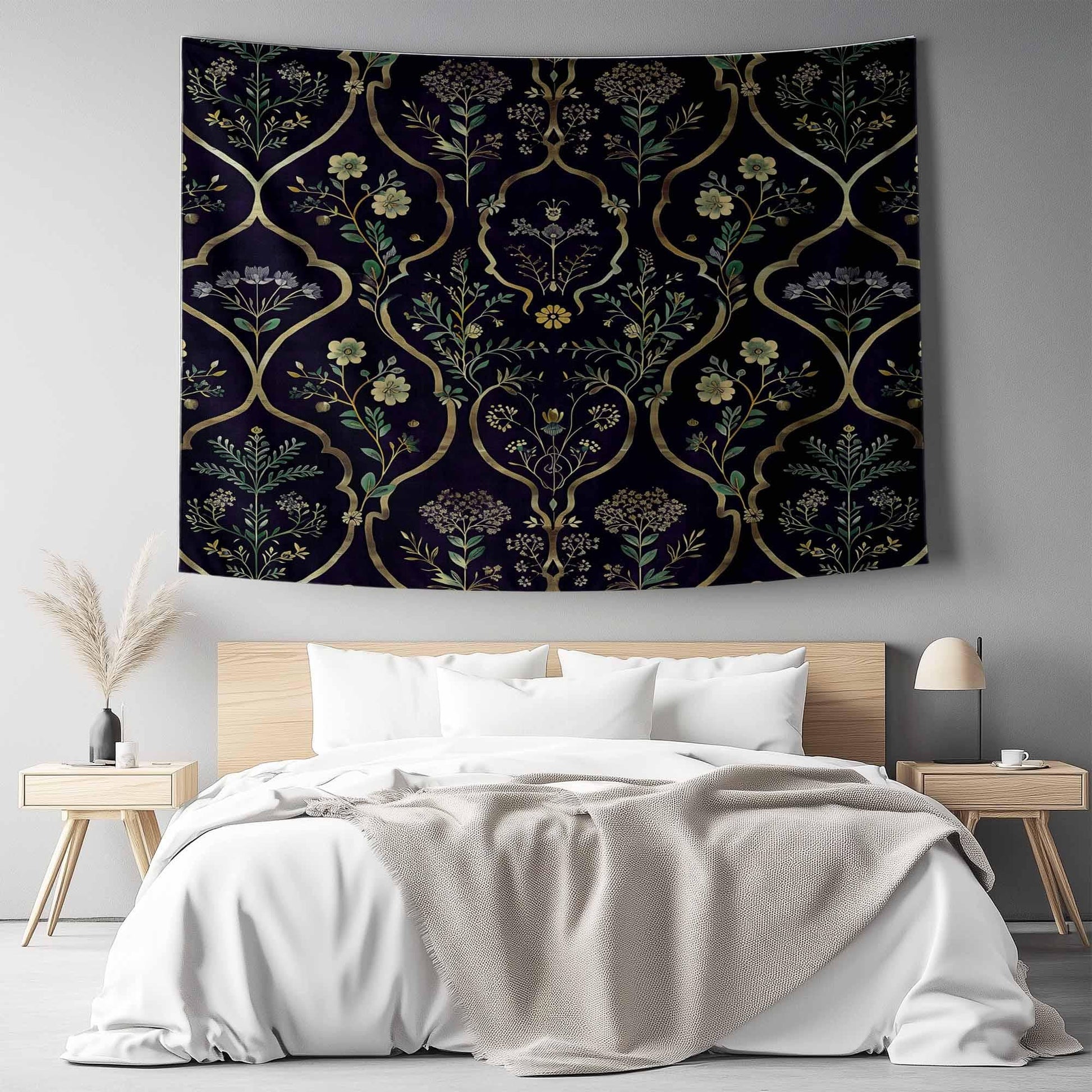 Floral French Wall Tapestry Dark botanical Verdure Eclectic textile Wall Decor Medieval Tapestry dark academia decor Flower tapestry vintage