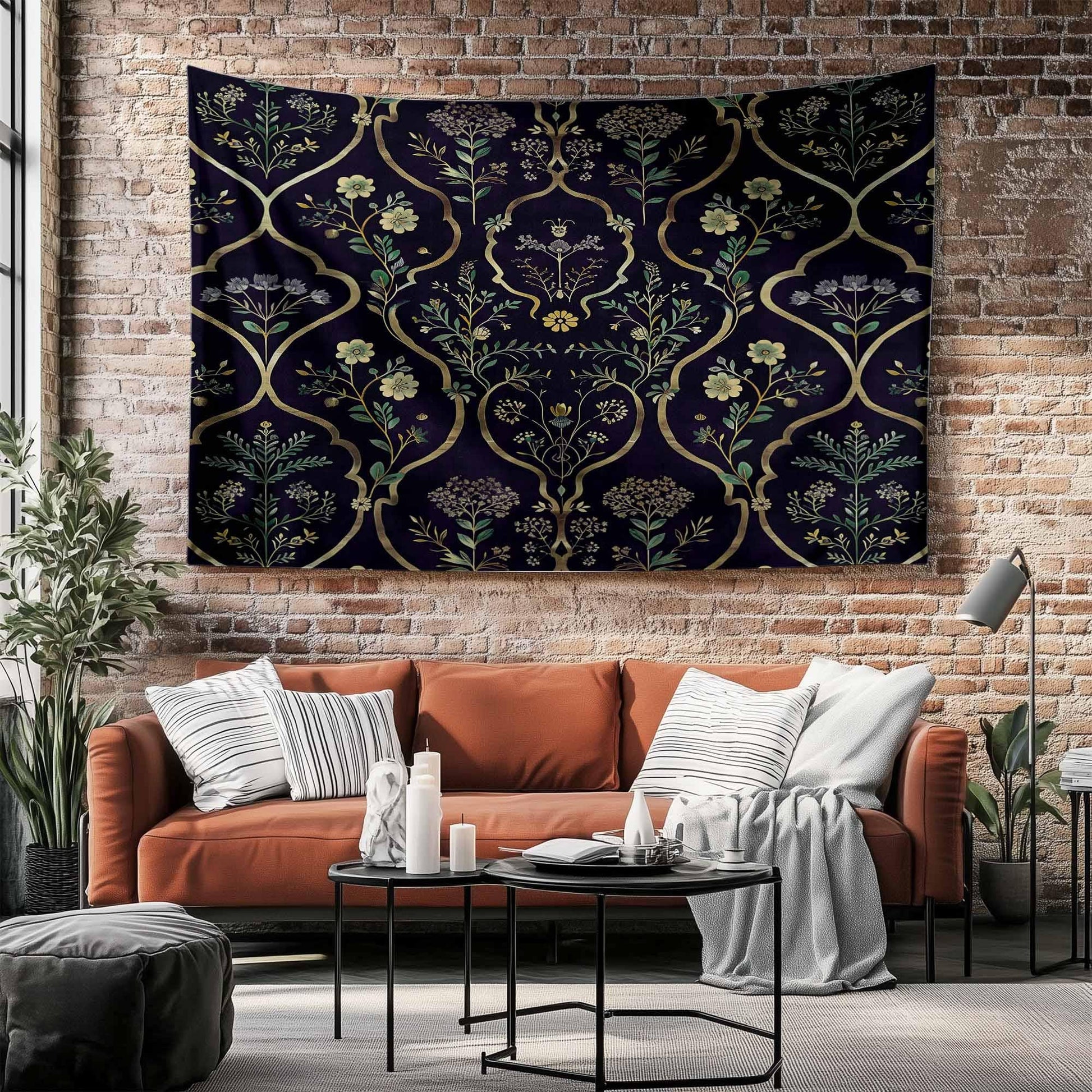 Floral French Wall Tapestry Dark botanical Verdure Eclectic textile Wall Decor Medieval Tapestry dark academia decor Flower tapestry vintage