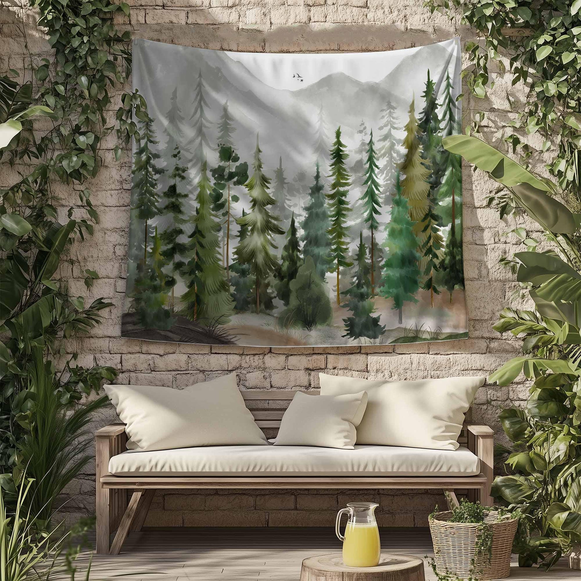Watercolor Green Forest Tapestry Boho Wall Hanging Nature Scenery Foggy Mountain Home Decor for Living Room