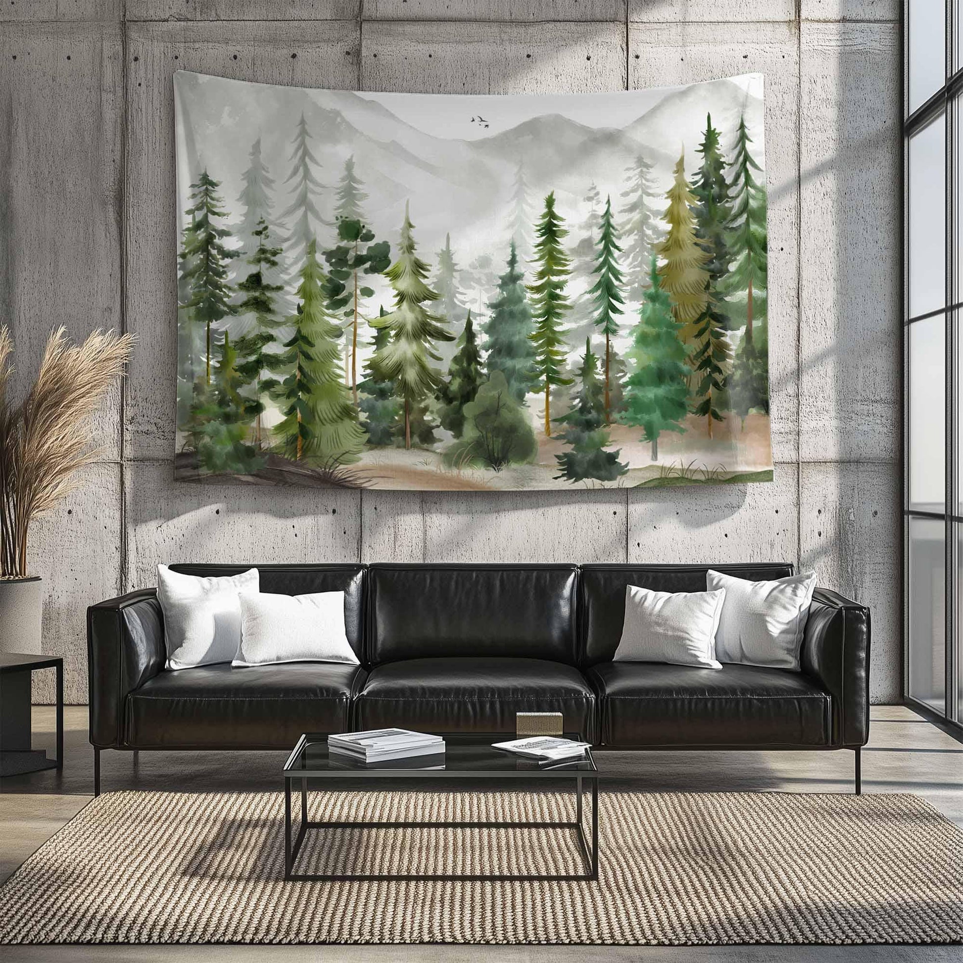 Watercolor Green Forest Tapestry Boho Wall Hanging Nature Scenery Foggy Mountain Home Decor for Living Room