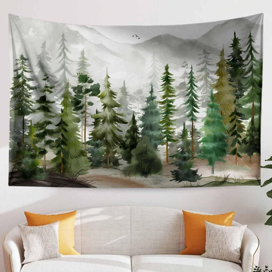 Watercolor Green Forest Tapestry Boho Wall Hanging Nature Scenery Foggy Mountain Home Decor for Living Room