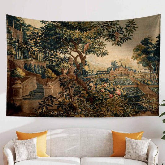 French Medieval Tapestry Verdure with Château Garden, Dark Floral Tapestry Wall Hanging, Large Landscape Tapestry Wall Art, Wall tapestries