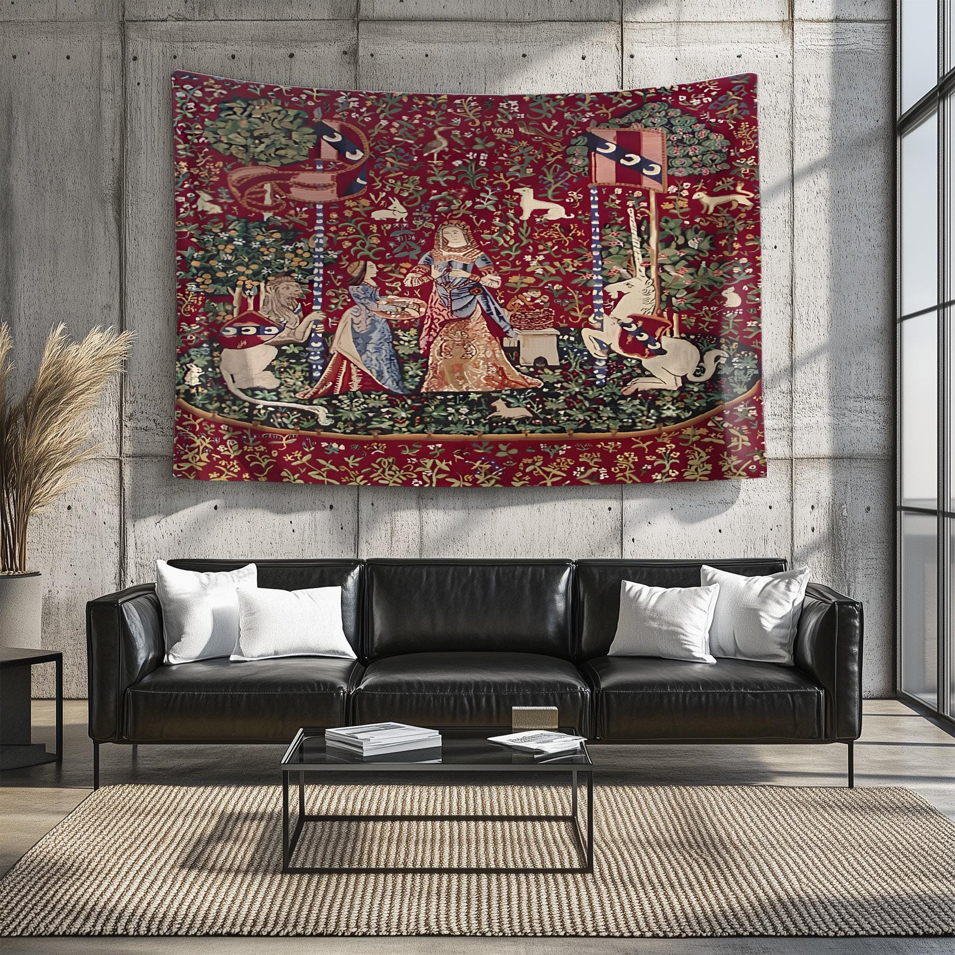 Lady and the Unicorn Smell Belgian Wall Tapestry, Medieval Art Decor, Vintage Fairy Tale Home Hanging, Unique Gift for History Lovers