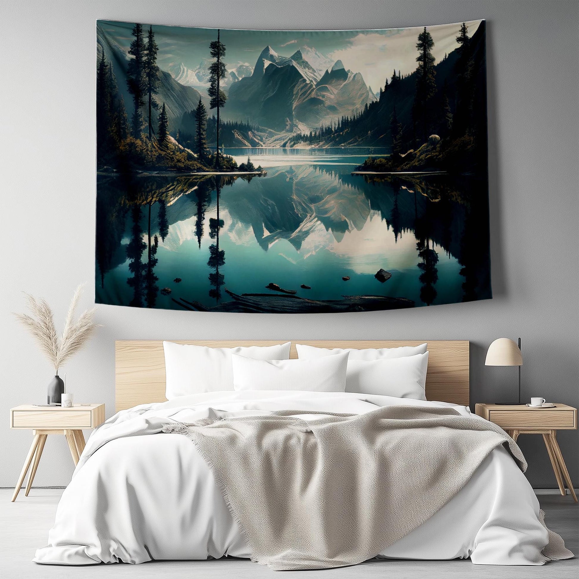 Blue Lake Mountain Wall Tapestry, Forest Trees Landscape Decor, Nature Scenery Hanging Art for Bedroom & Living Room