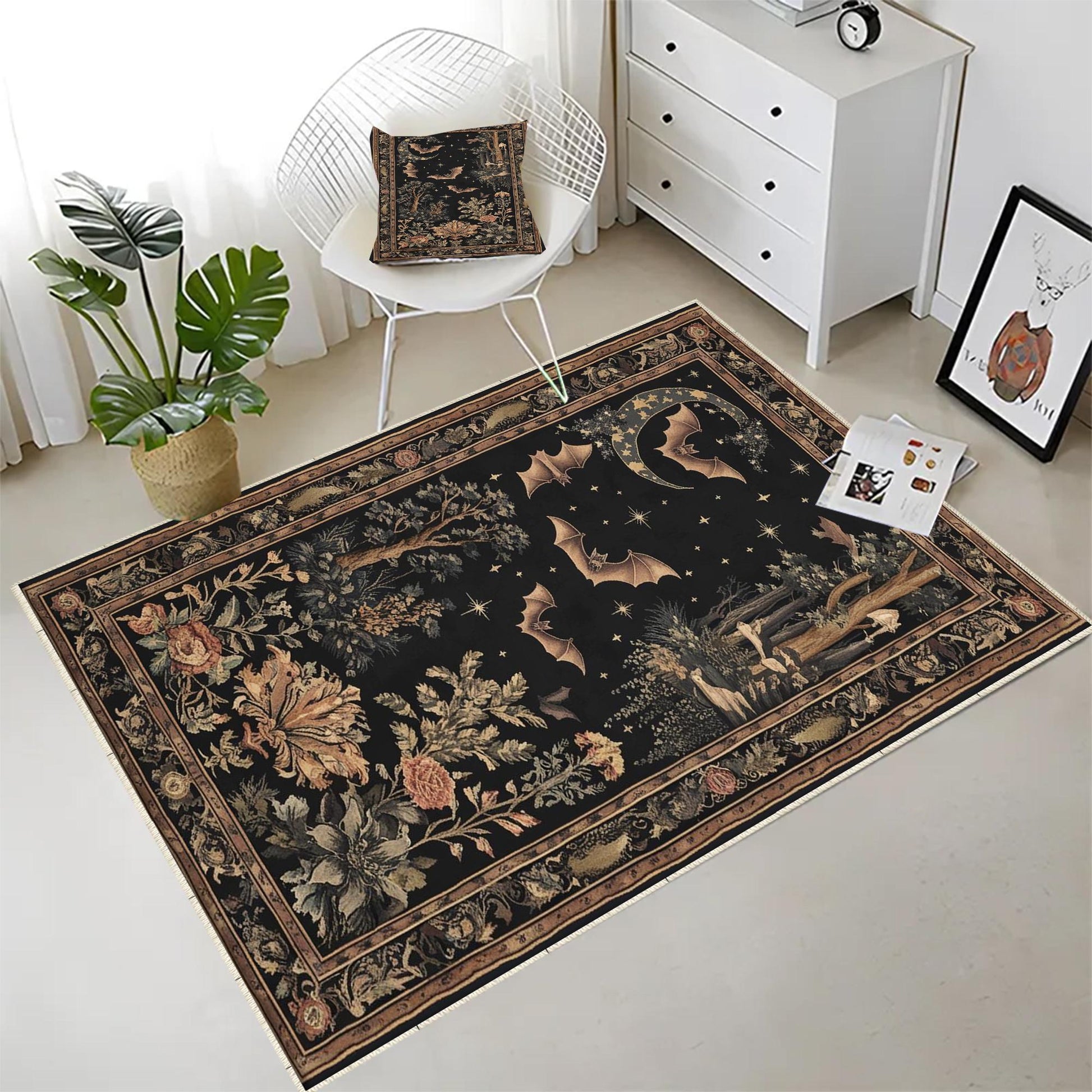Dark Academia Mystic Bat Rug Woodland Gothic Area Rug | Enchanted Forest Bat Lover Nature Rug Dark Cottagecore Decor, Funky Moody Rug