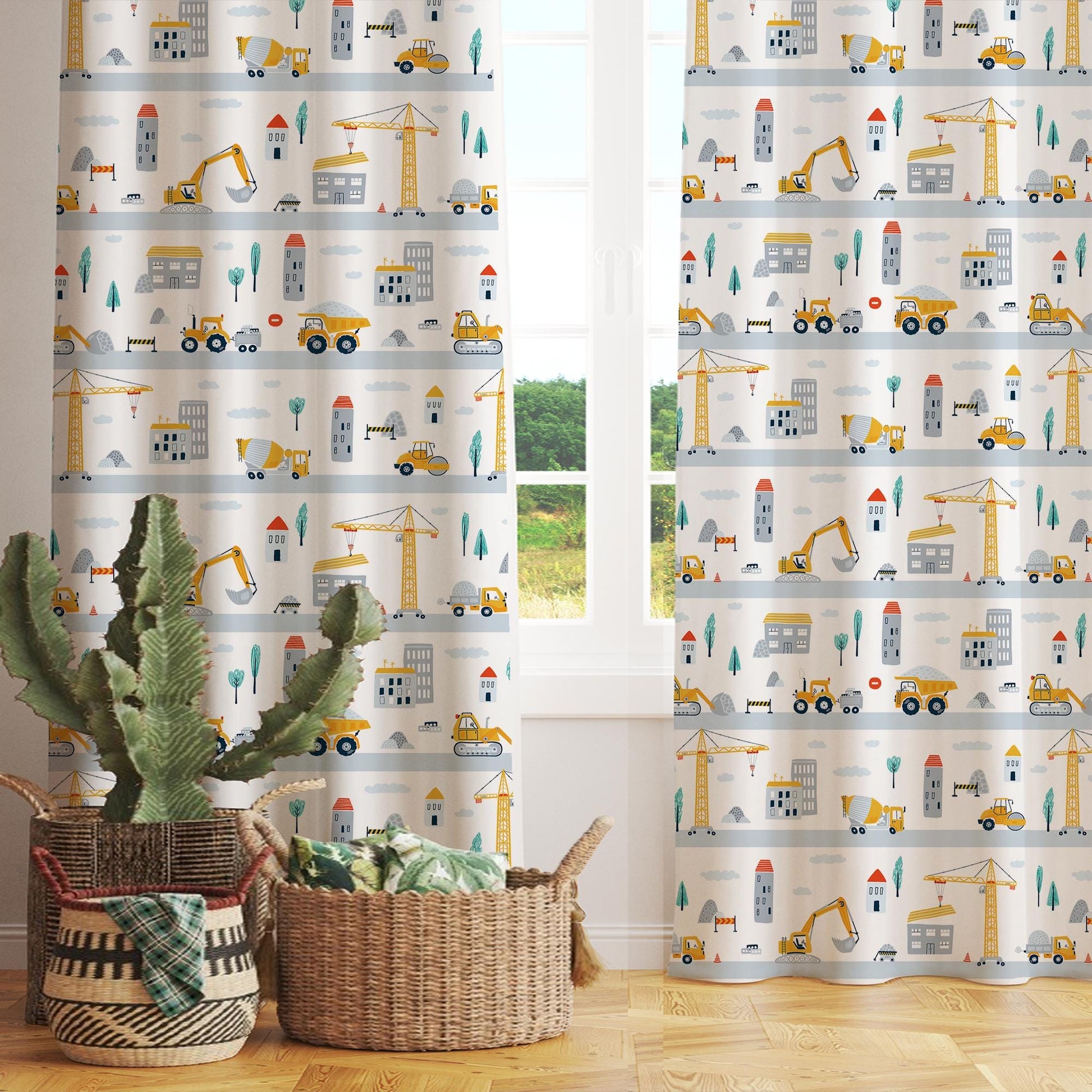 Road Construction Vehicles Kids Curtains with Pillowcase – Crane Bulldozer Excavator Nursery Rod Pocket Curtain for Boys Room, Custom Sizes