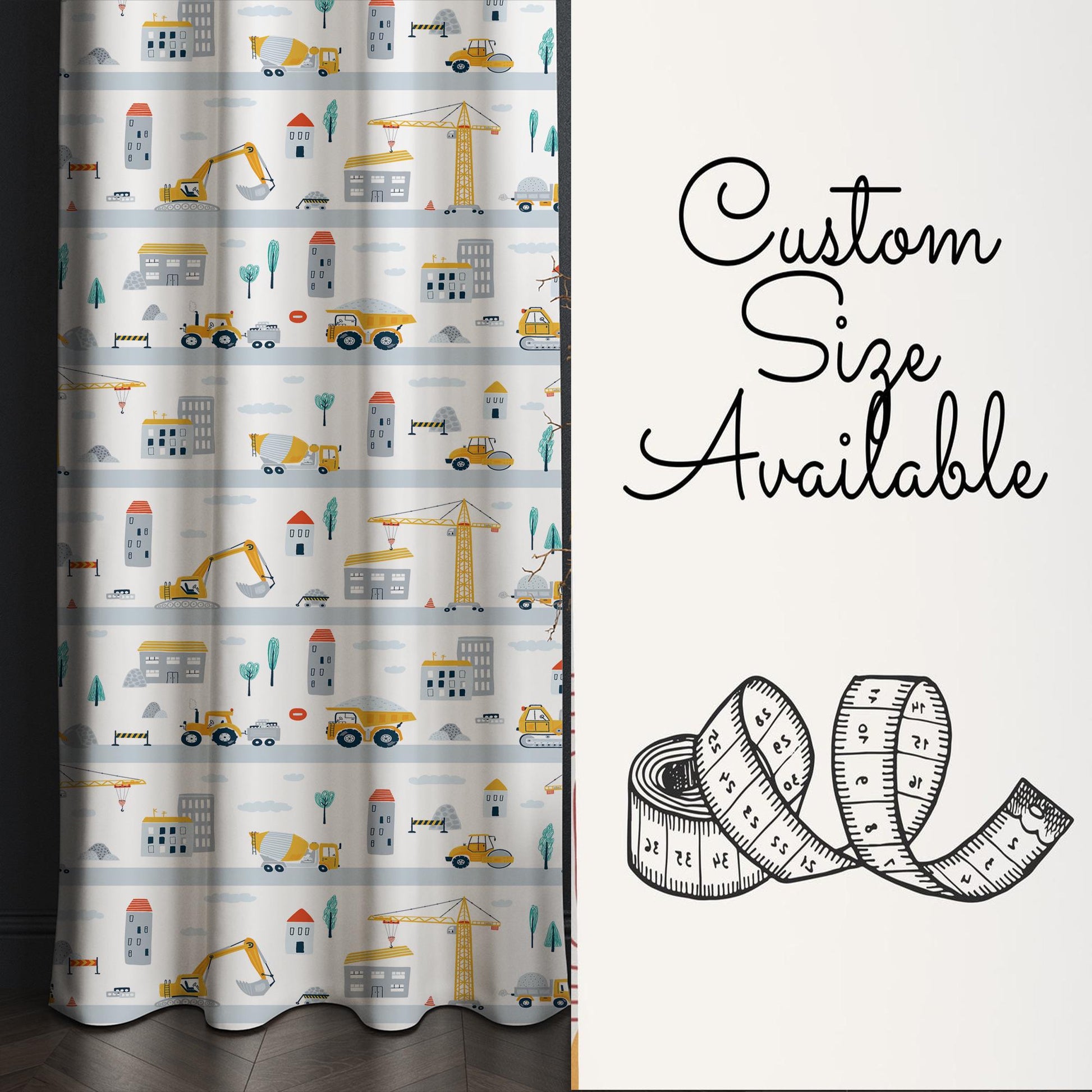 Road Construction Vehicles Kids Curtains with Pillowcase – Crane Bulldozer Excavator Nursery Rod Pocket Curtain for Boys Room, Custom Sizes