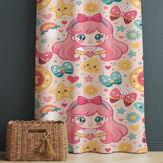 Pink Princess Nursery Curtain for Girls Room - Custom Size Anime Kids Colorful Window Drapes & Kids Room Decor